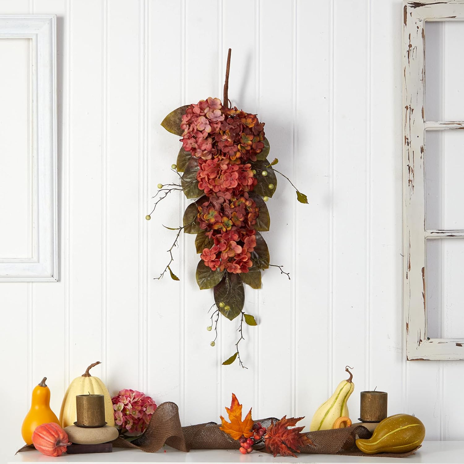 Nearly Natural 35 Inch Autumn Hydrangea and Berry Artificial Fall Teardrop