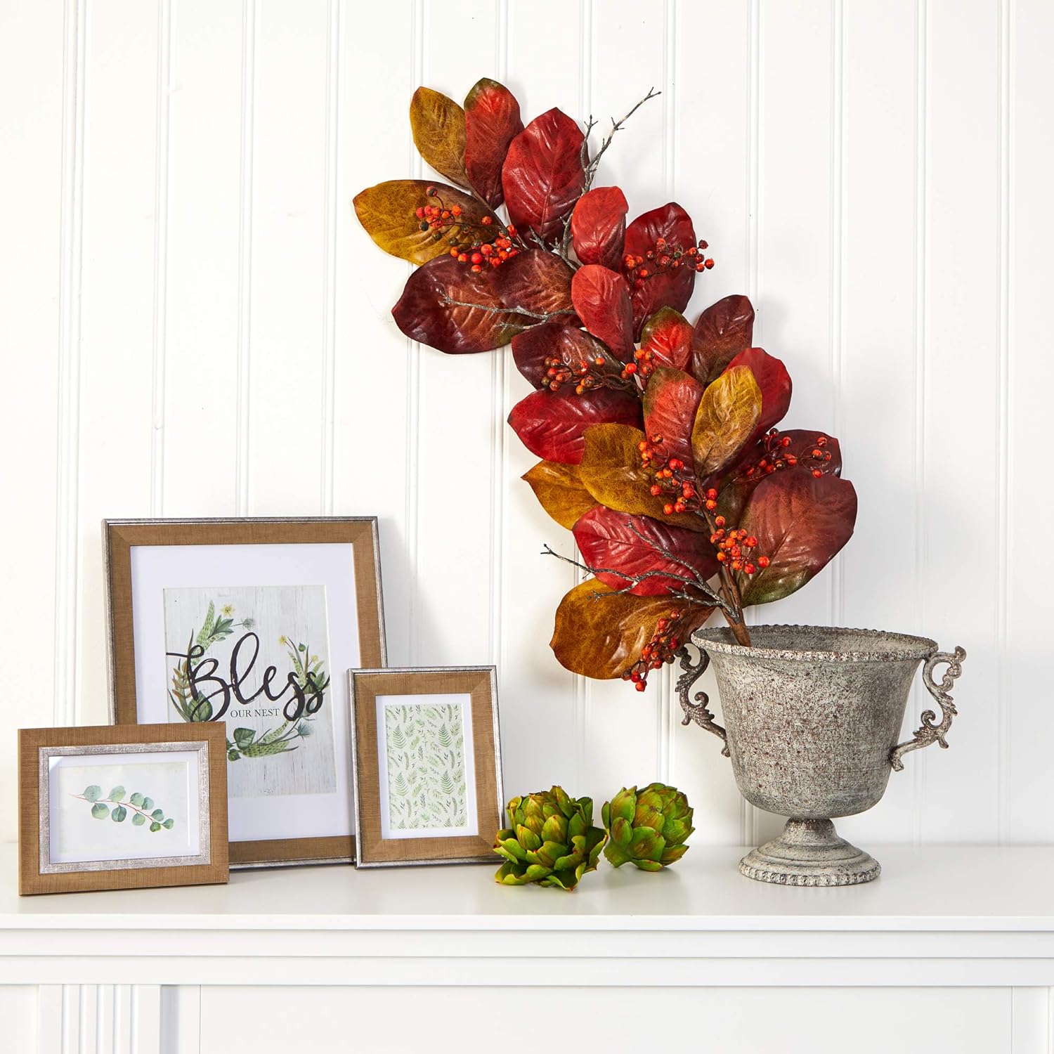 Nearly Natural 36in Autumn Magnolia Leaf with Berries Artificial Decor