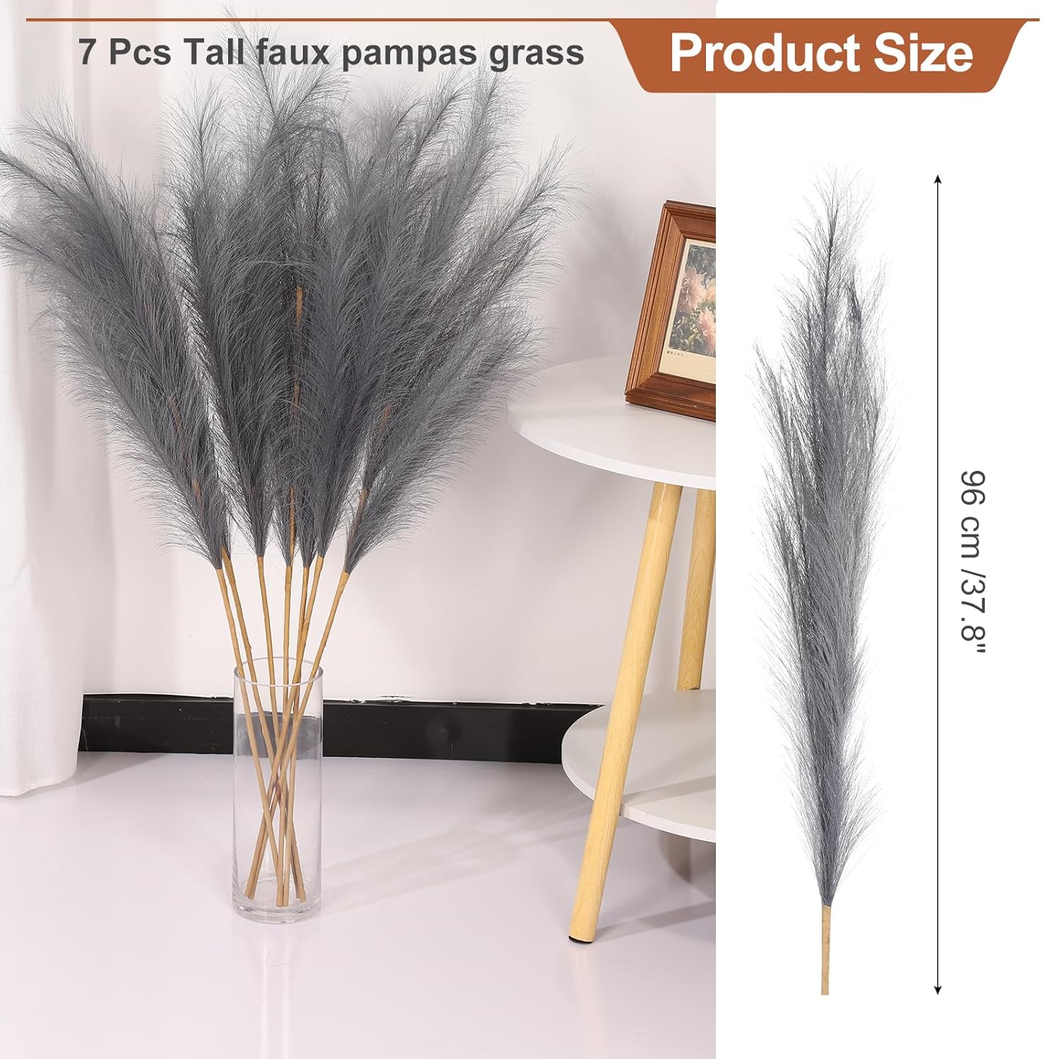 PATIKIL 378in Tall Artificial Pampas Grass 7pcs Gray Fluffy Decor