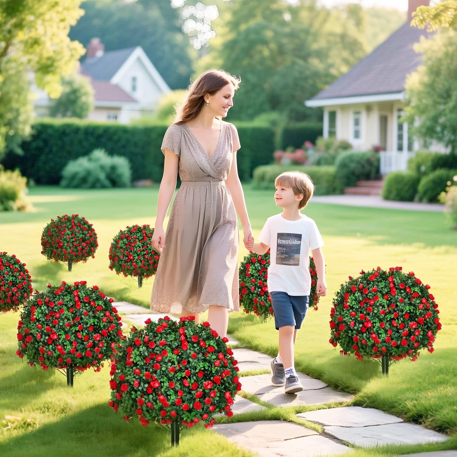 Artificial Red Topiary Ball Trees 2 Pack UV Resistant