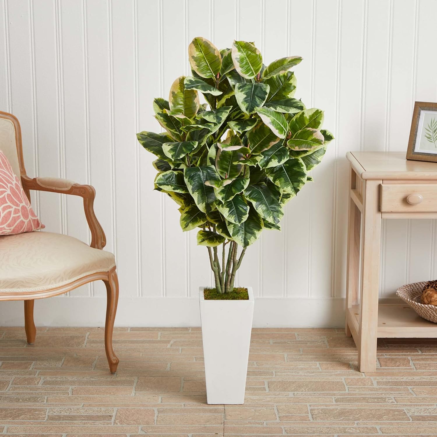 Nearly Natural Variegated Rubber Leaf Plant in White Tower Vase