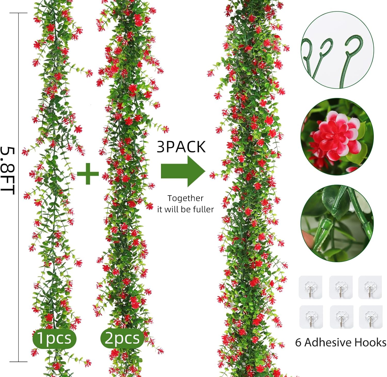 RECUTMS Artificial Eucalyptus Garland 3 Pack Red