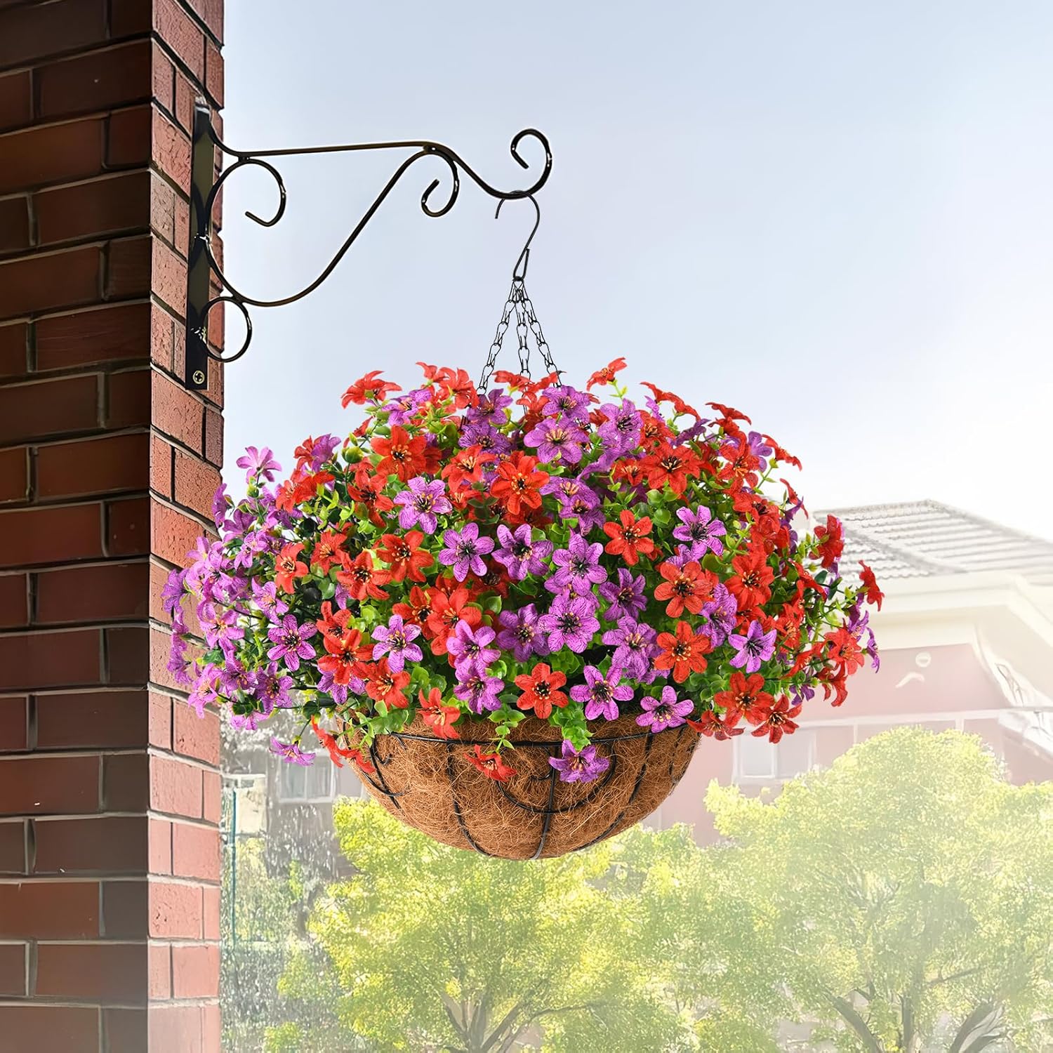 INQCMY Artificial Hanging Flowers Basket for Outdoor Decor