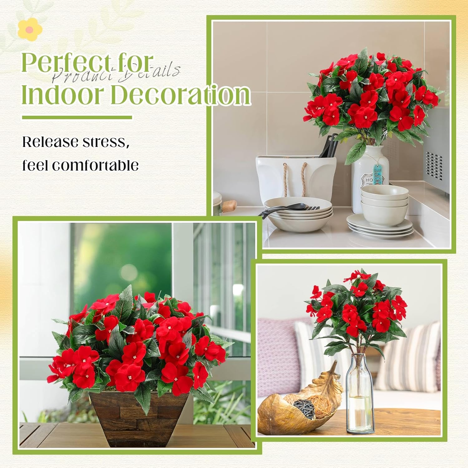 10 Bundles Artificial Impatiens Flowers Red Bouquet