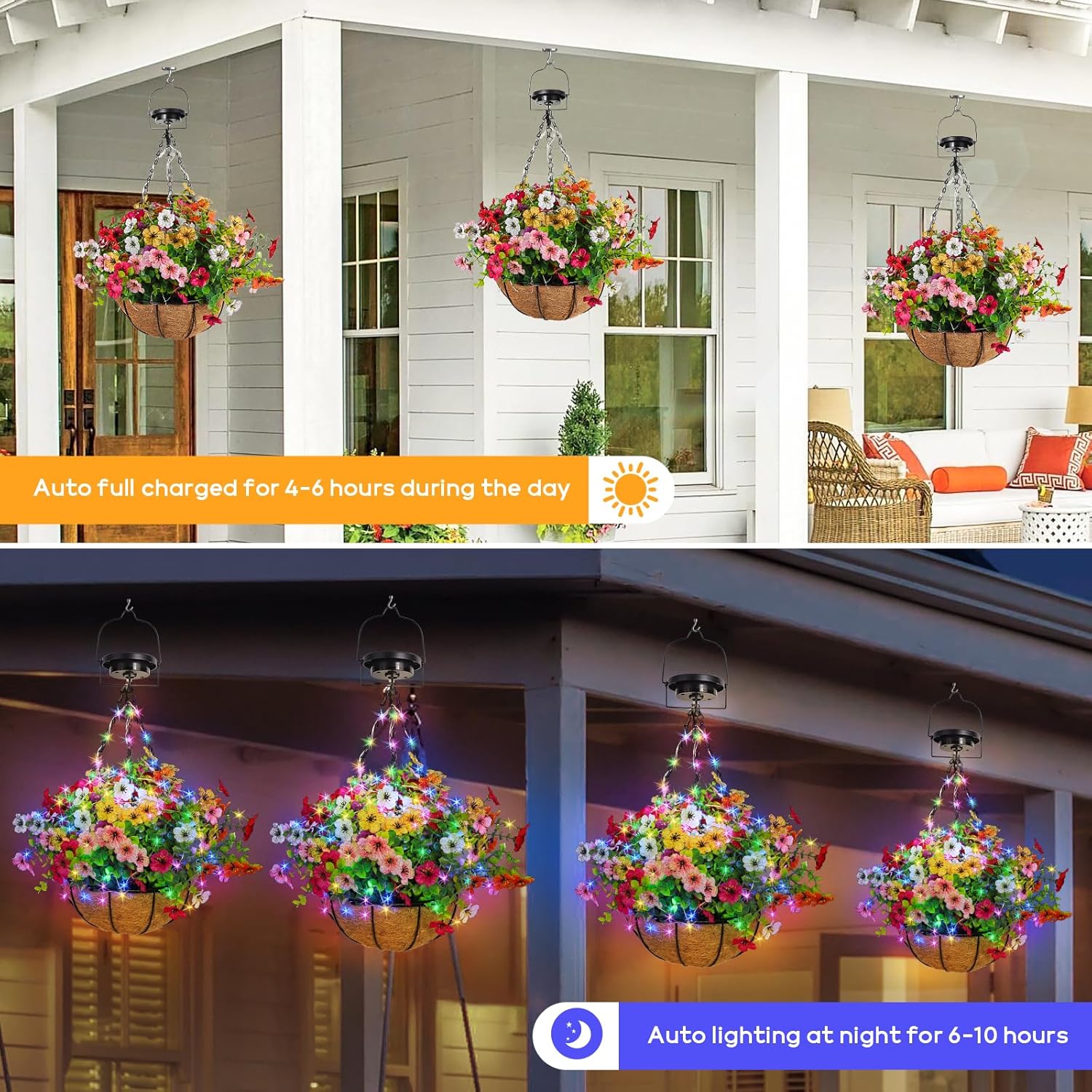Solar Lighted Fake Flowers Basket for Outdoor Decor