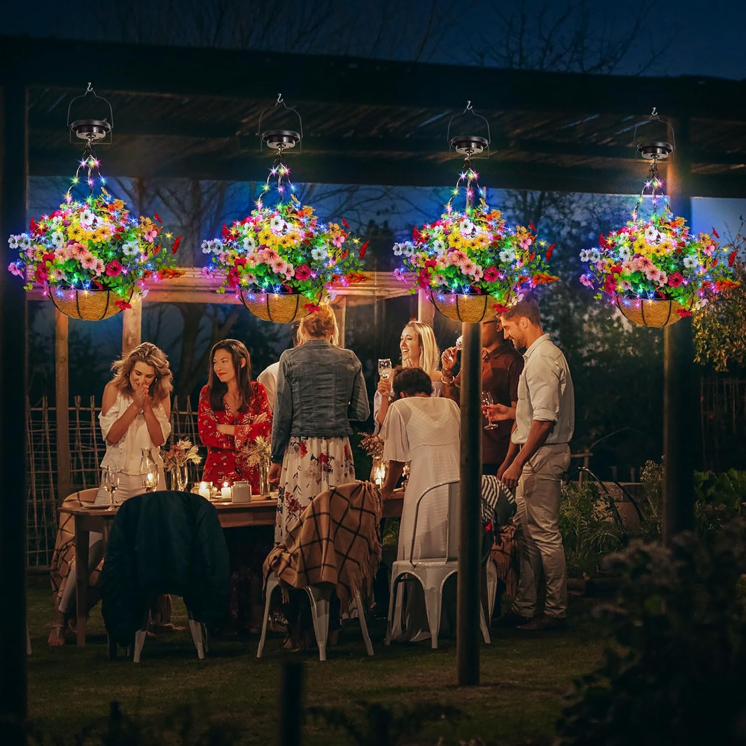 Solar Lighted Fake Flowers Basket for Outdoor Decor