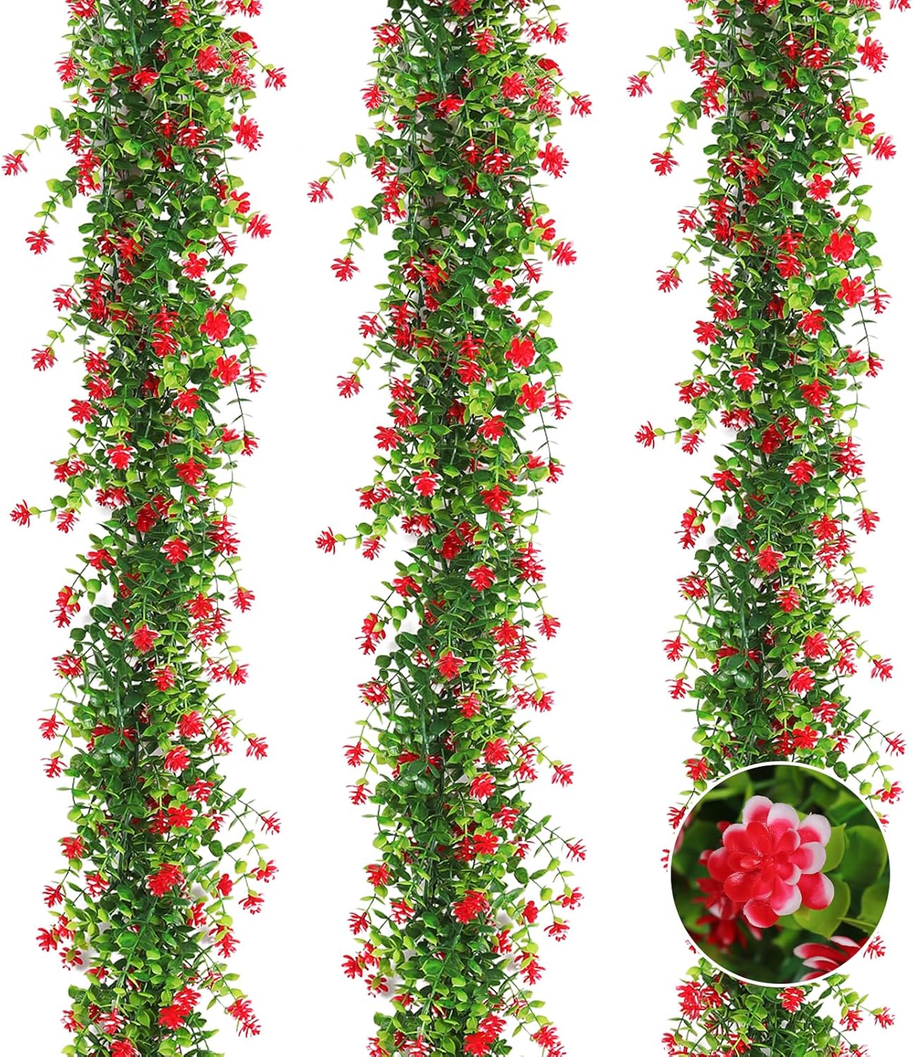 RECUTMS Artificial Eucalyptus Garland 3 Pack Red