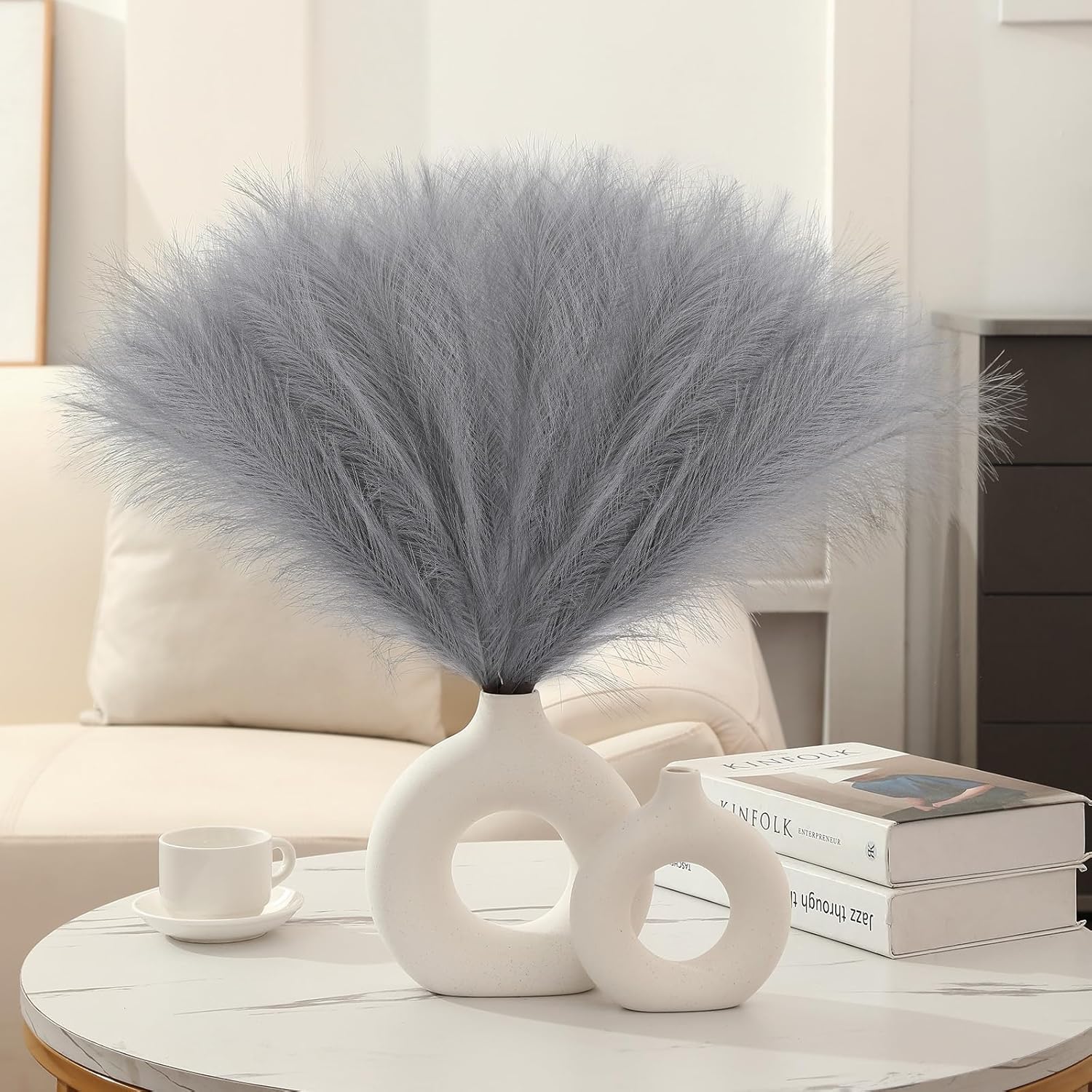 Faux Pampas Grass Decor 177 Inch 6pcs Light Grey