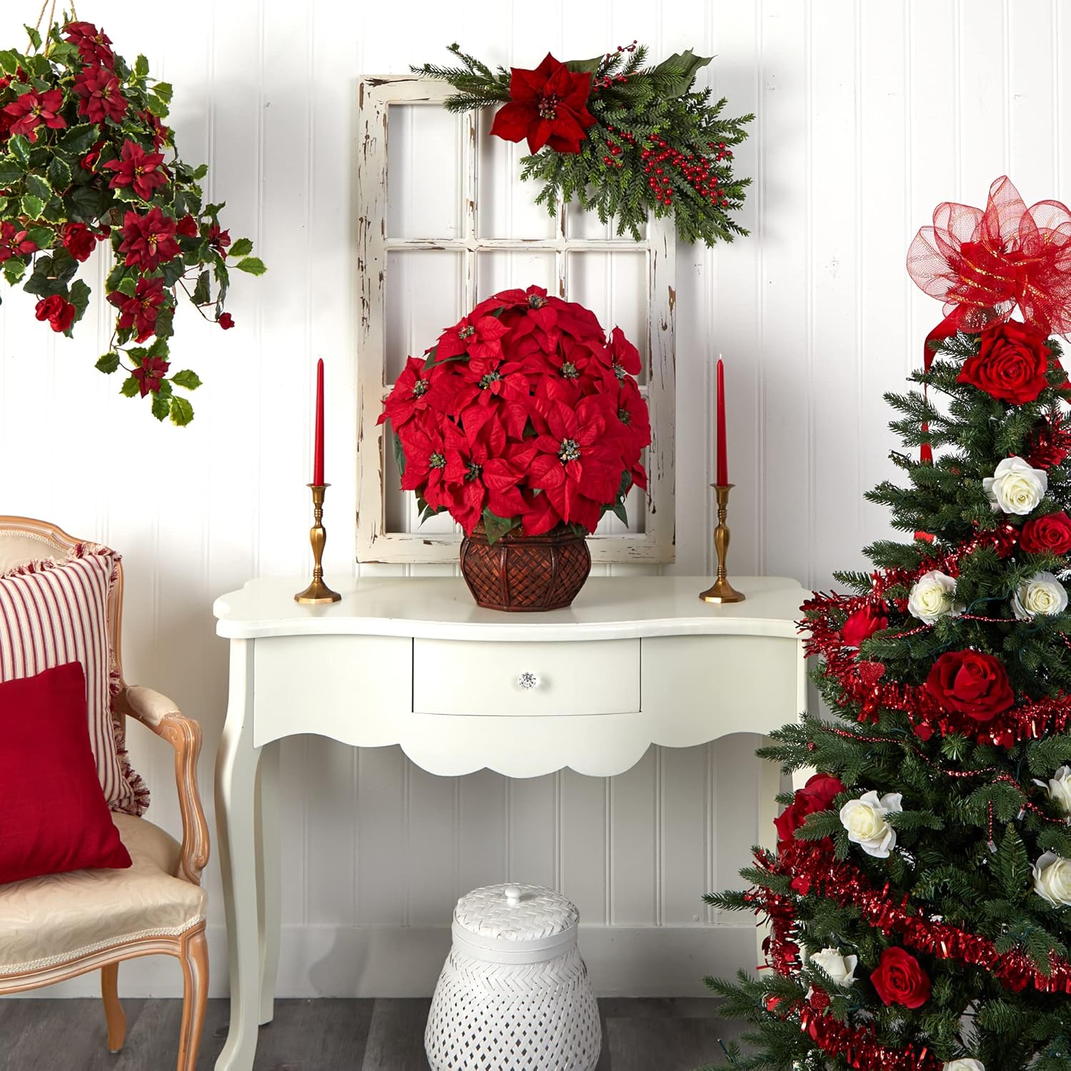 Nearly Natural 22in Poinsettia Silk Decor Arrangement