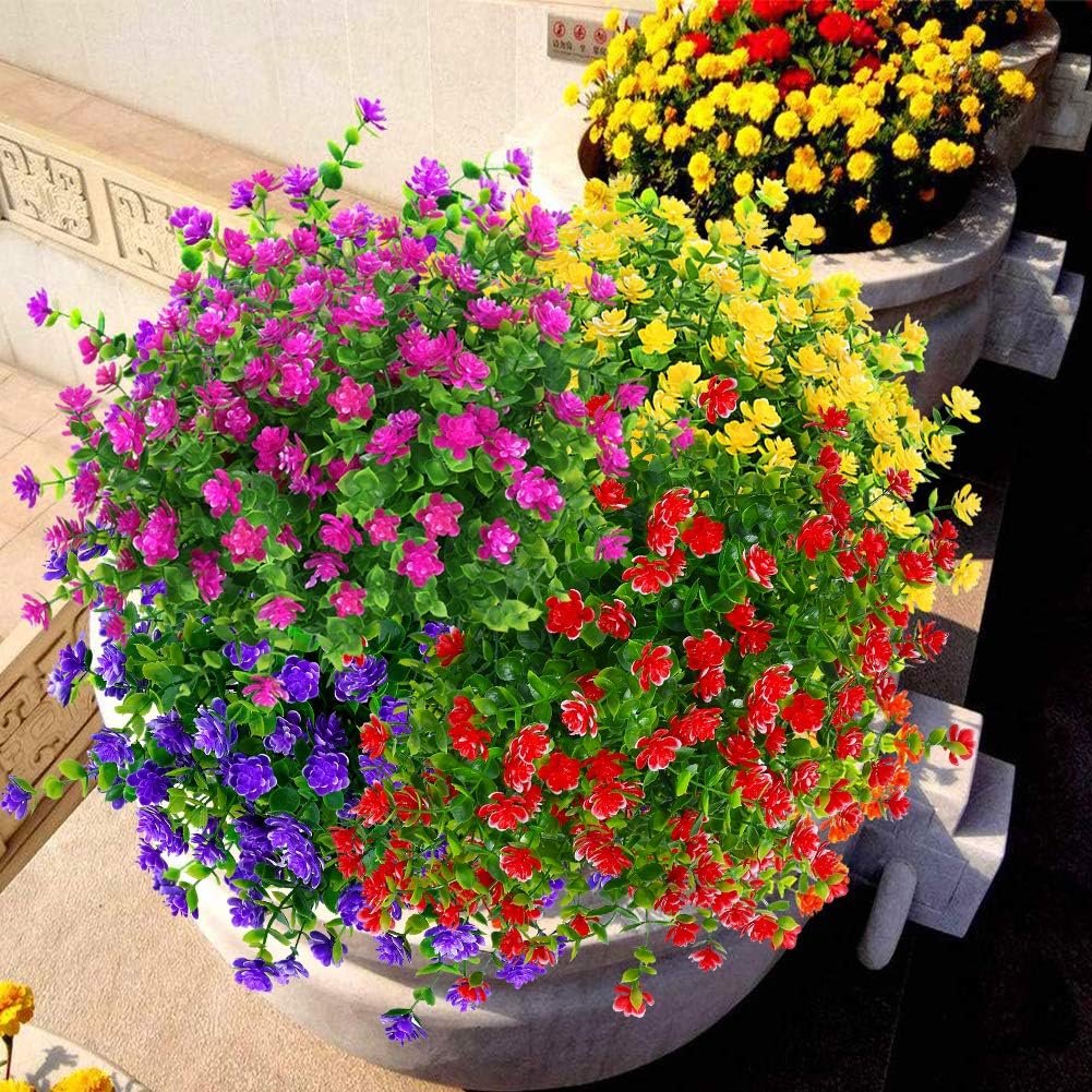 6 Bundles Artificial Boxwood Flowers Red UV Resistant Fake Plants
