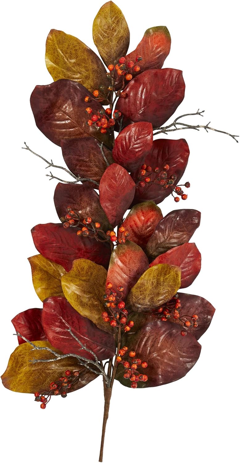 Nearly Natural 36in Autumn Magnolia Leaf with Berries Artificial Decor