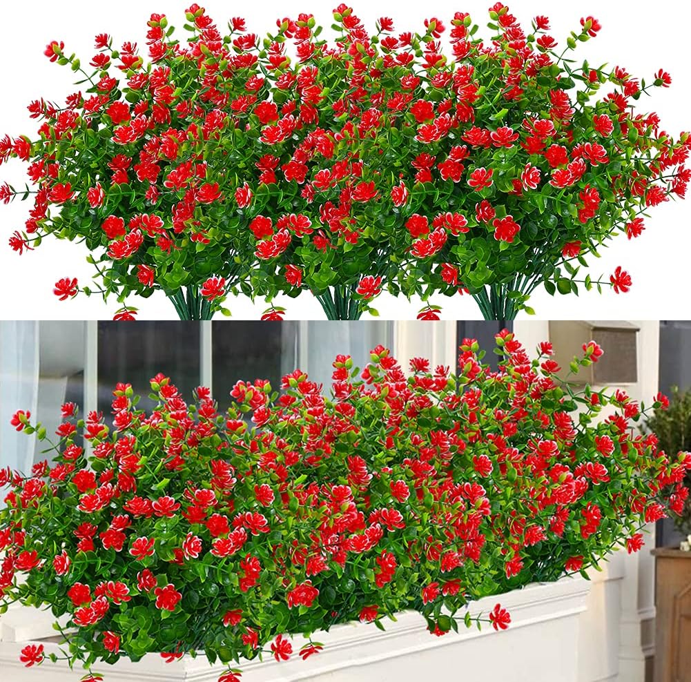 6 Bundles Artificial Boxwood Flowers Red UV Resistant Fake Plants