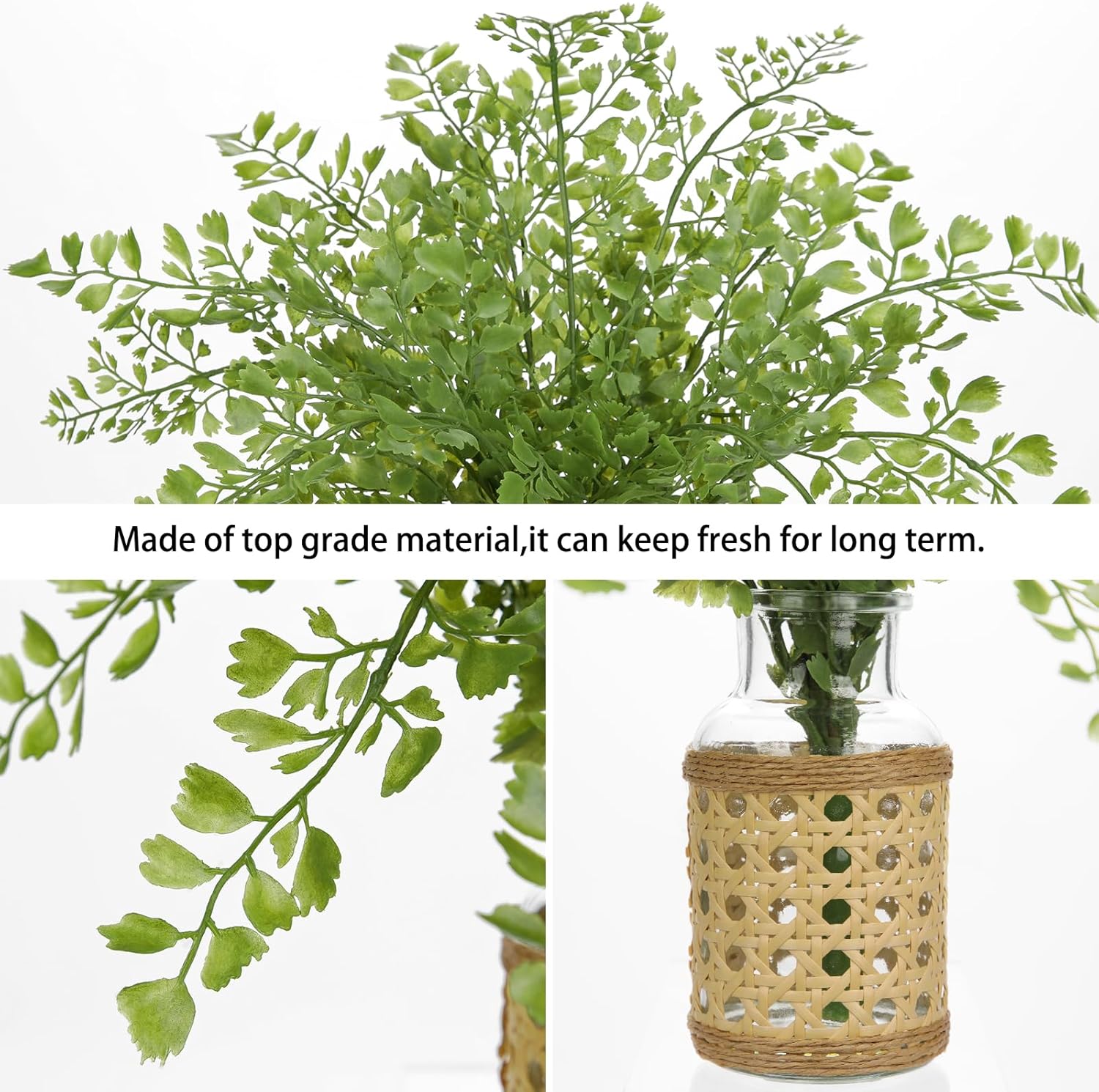 Faux Greenery Stems Artificial Fern Plant in Glass Vase with Woven Cover