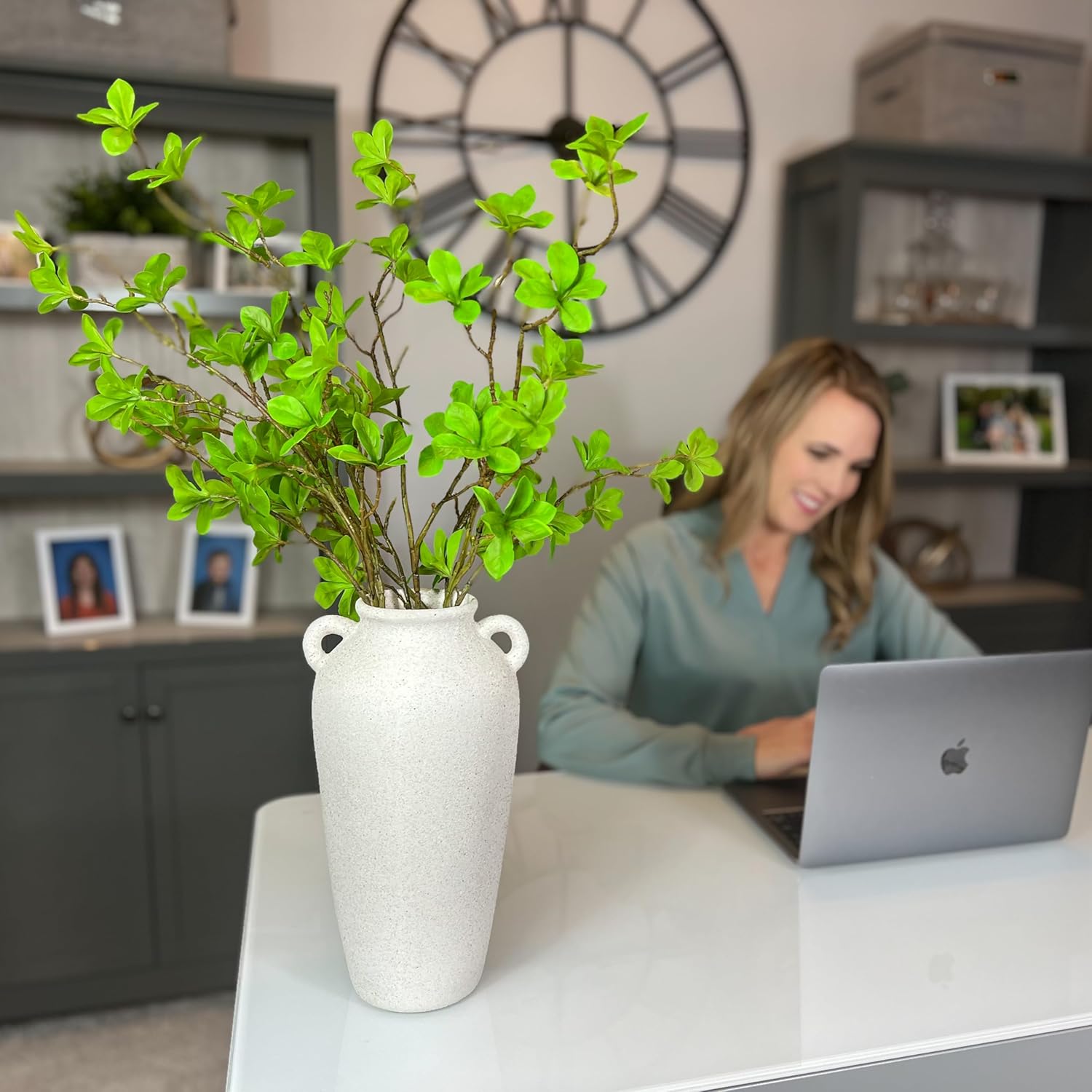 12 Inch White Ceramic Vase with 5 Faux Greenery Branches