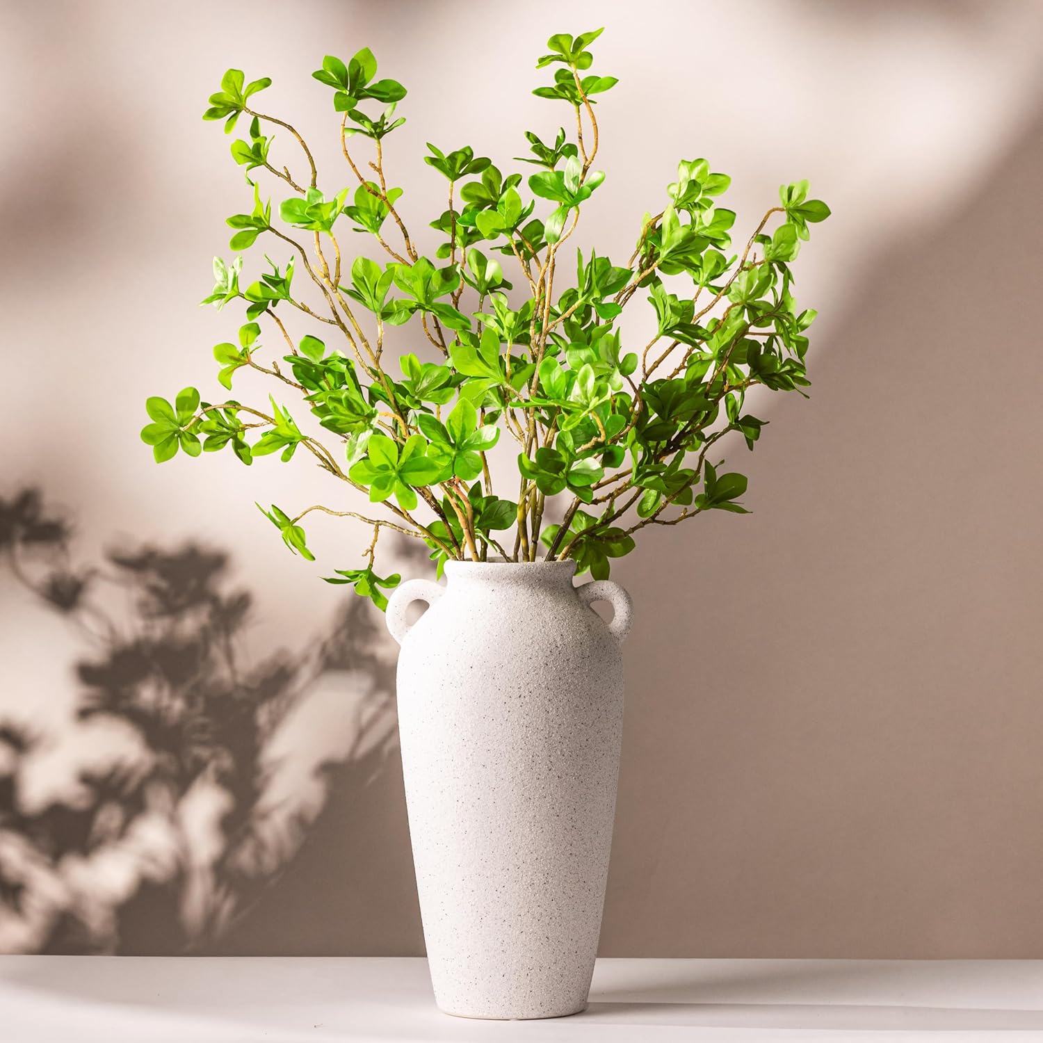 12 Inch White Ceramic Vase with 5 Faux Greenery Branches