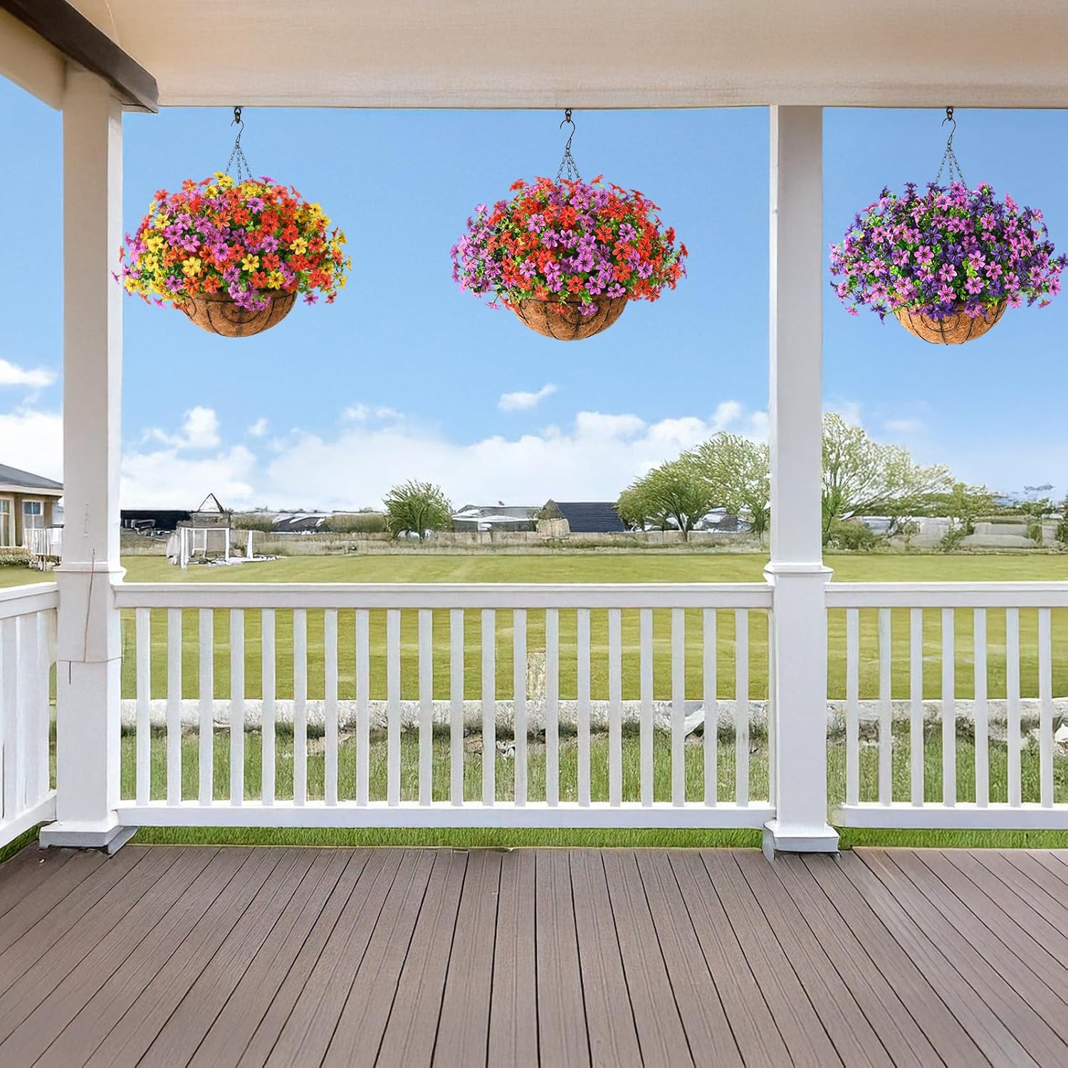 INQCMY Artificial Hanging Flowers Basket for Outdoor Decor