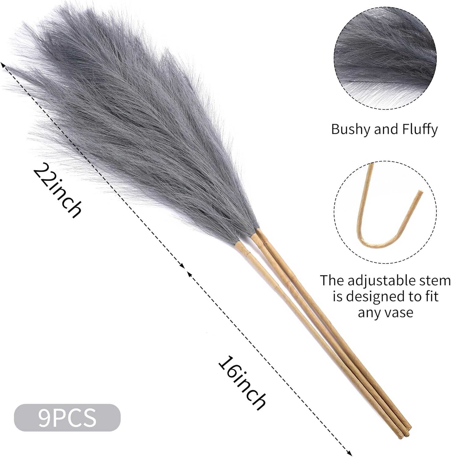 9 Stems Grey Pampas Grass - 38 Inch Artificial Decor Grass