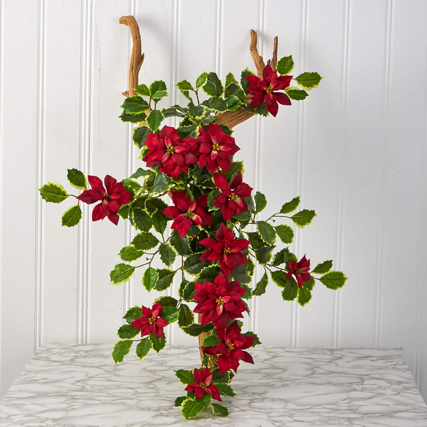 Nearly Natural 30in Poinsettia and Variegated Holly Artificial Plant Set of 2