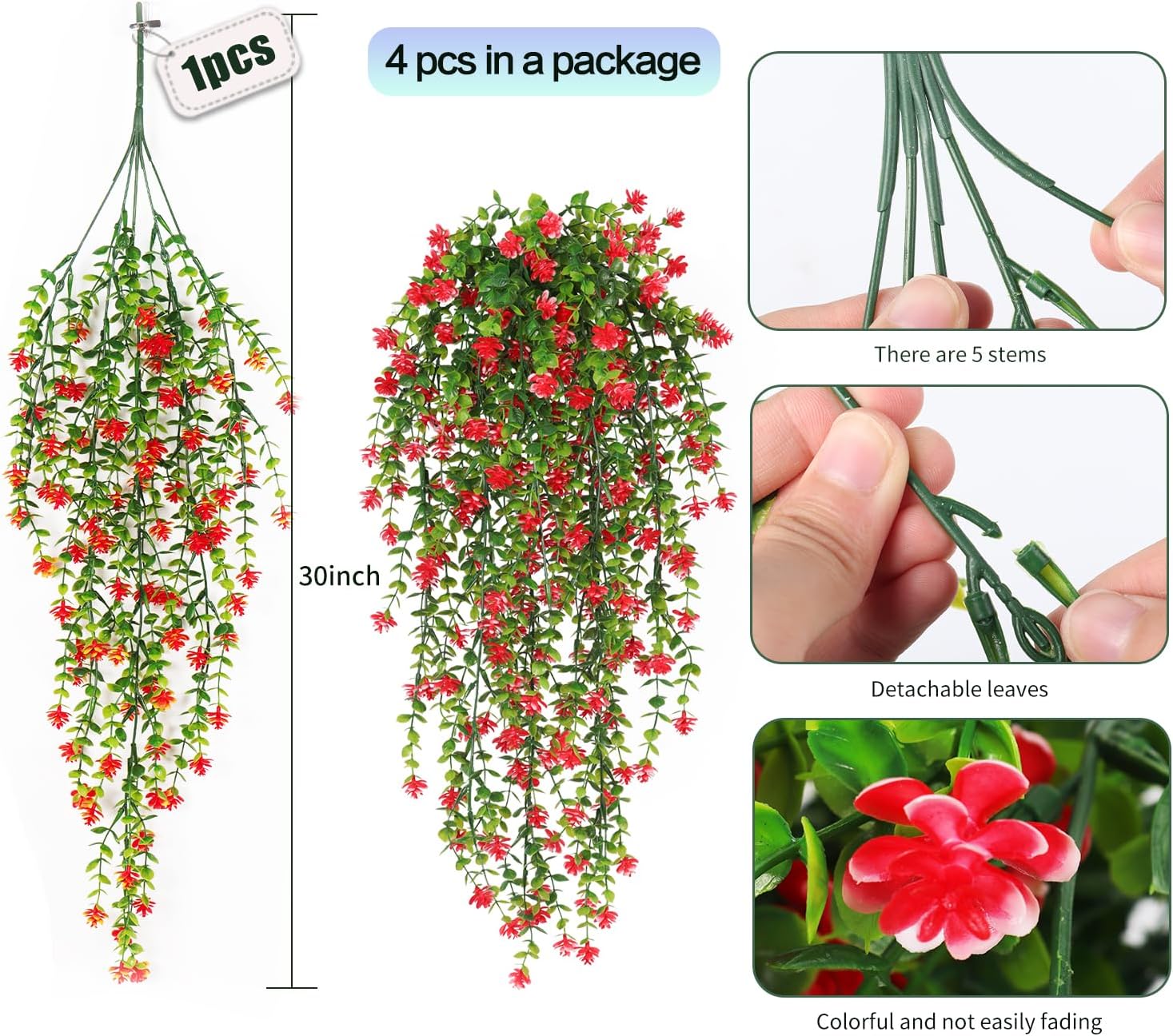 SJL Artificial Hanging Plants 4pcs Red Fake Fern Ivy Decor