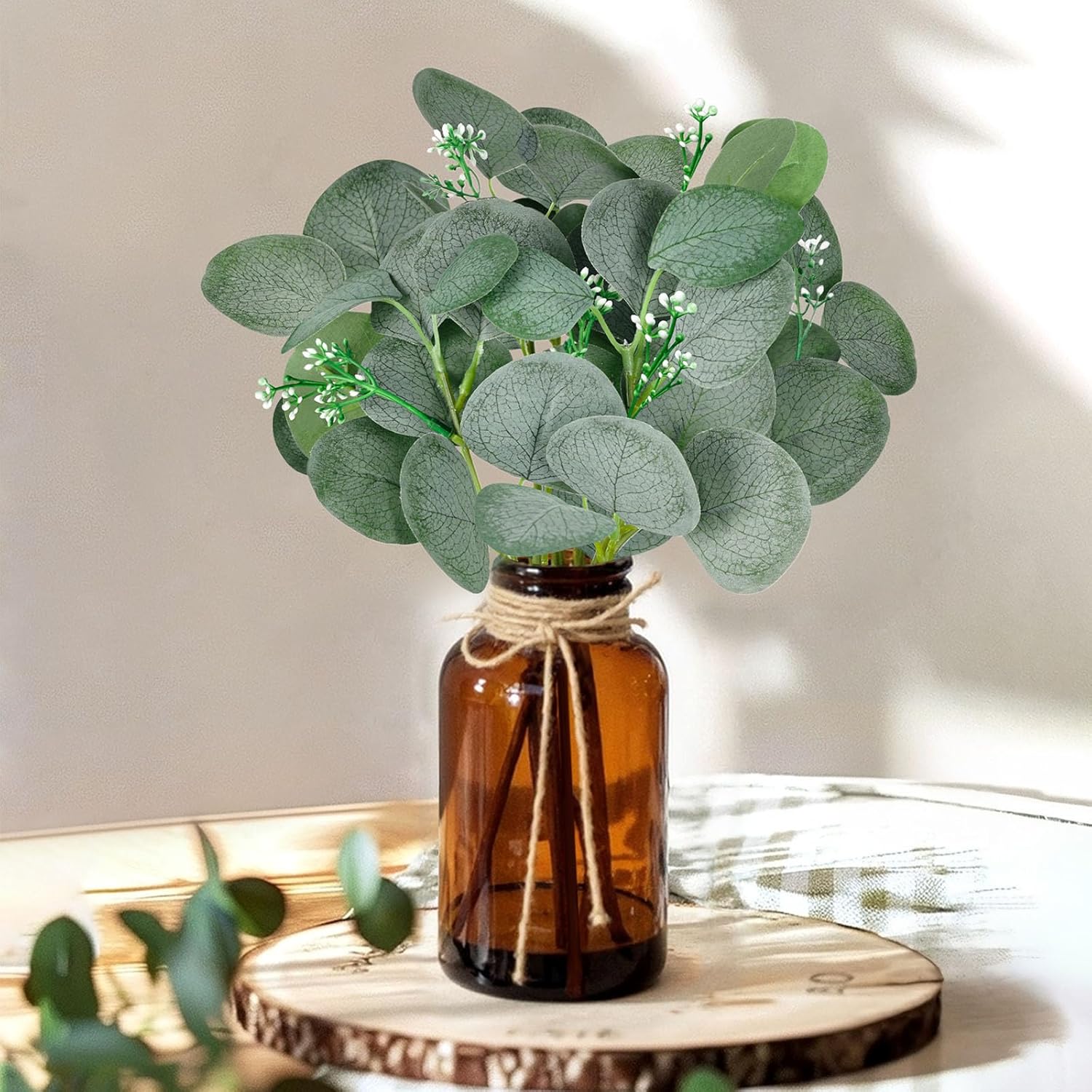 DomeStar 7pcs Artificial Eucalyptus in Brown Vase