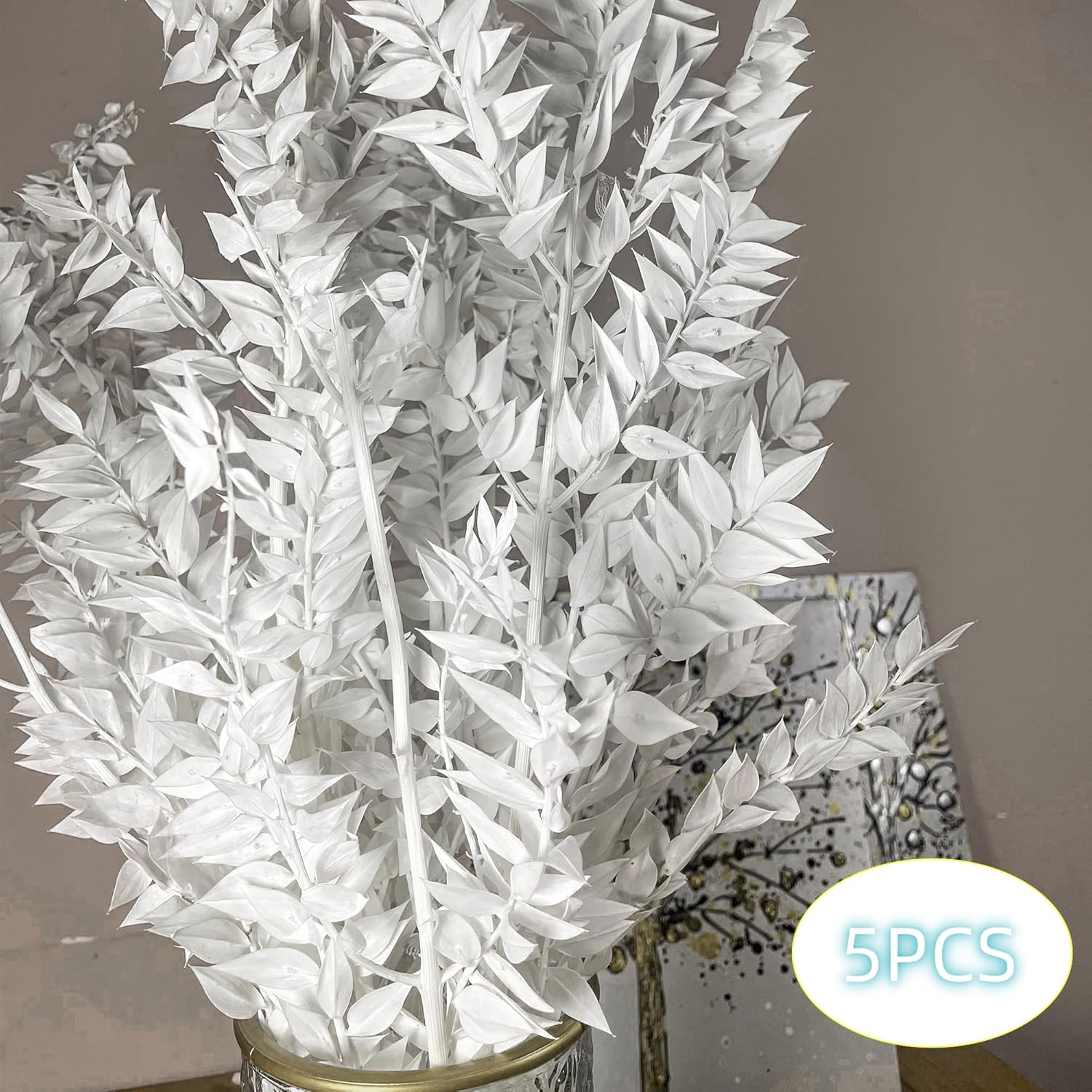5Pcs Dried White Eucalyptus Ruscus for Wedding Vase Decor