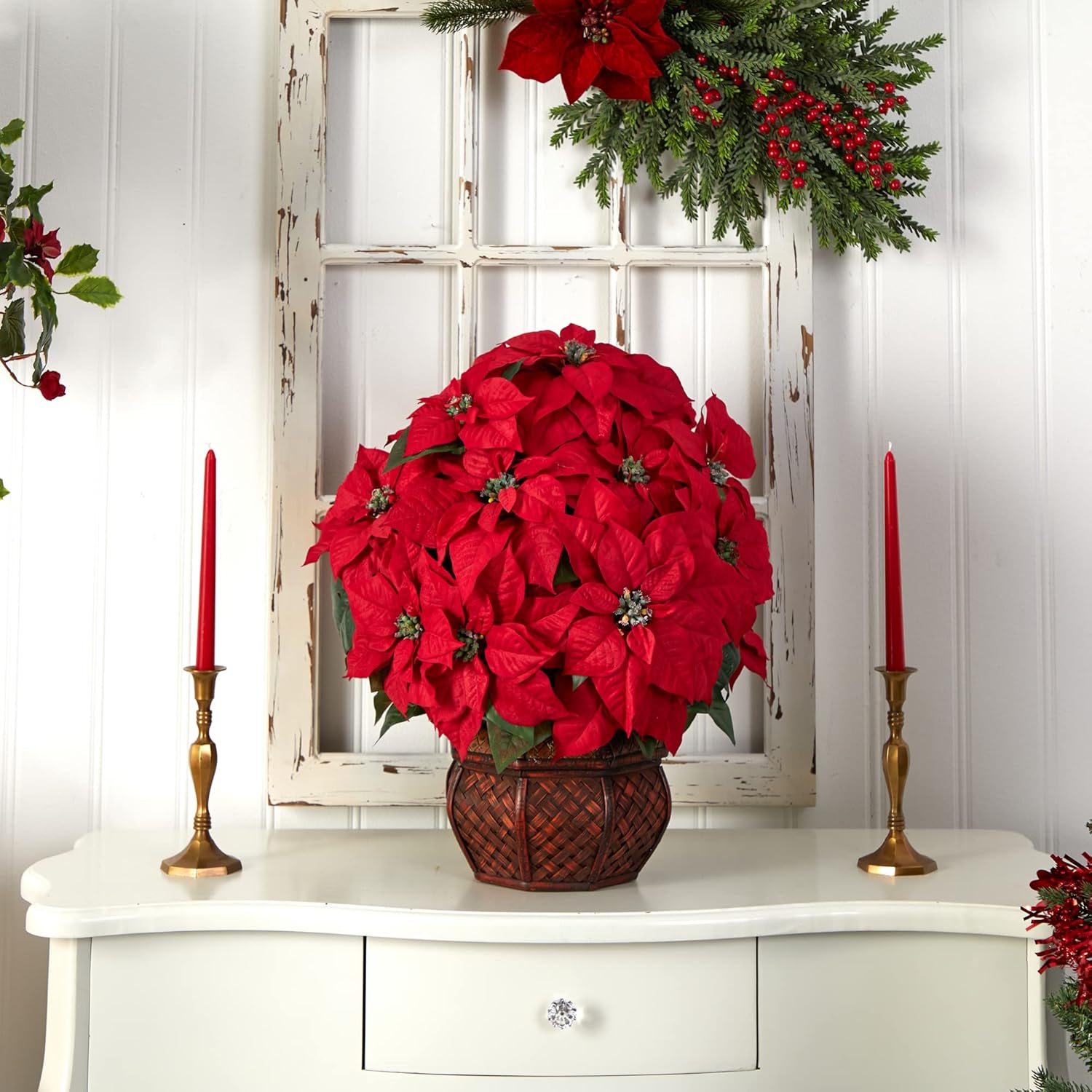 Nearly Natural 22in Poinsettia Silk Decor Arrangement