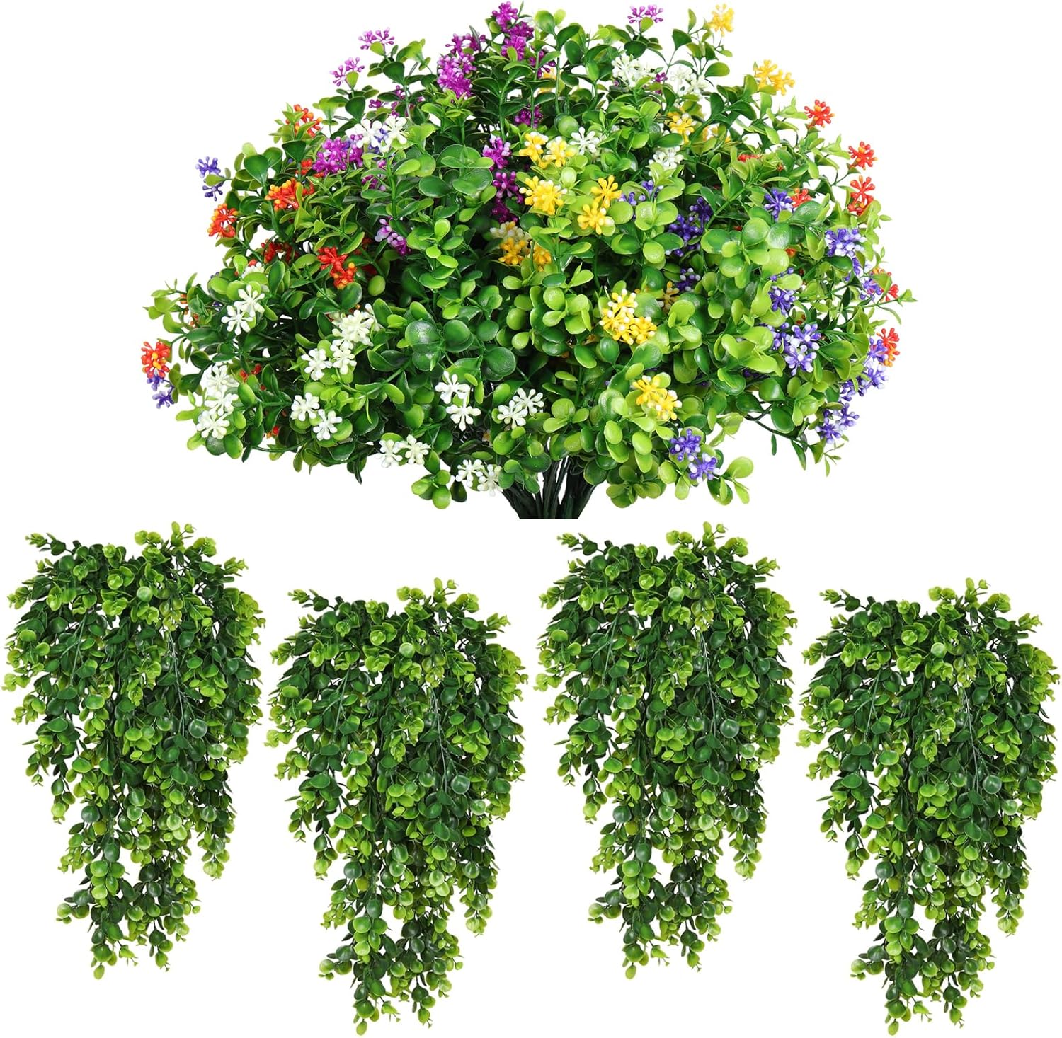 RECUTMS Artificial Shrubs Plastic Plants 4 Pack Hanging Eucalyptus Plants