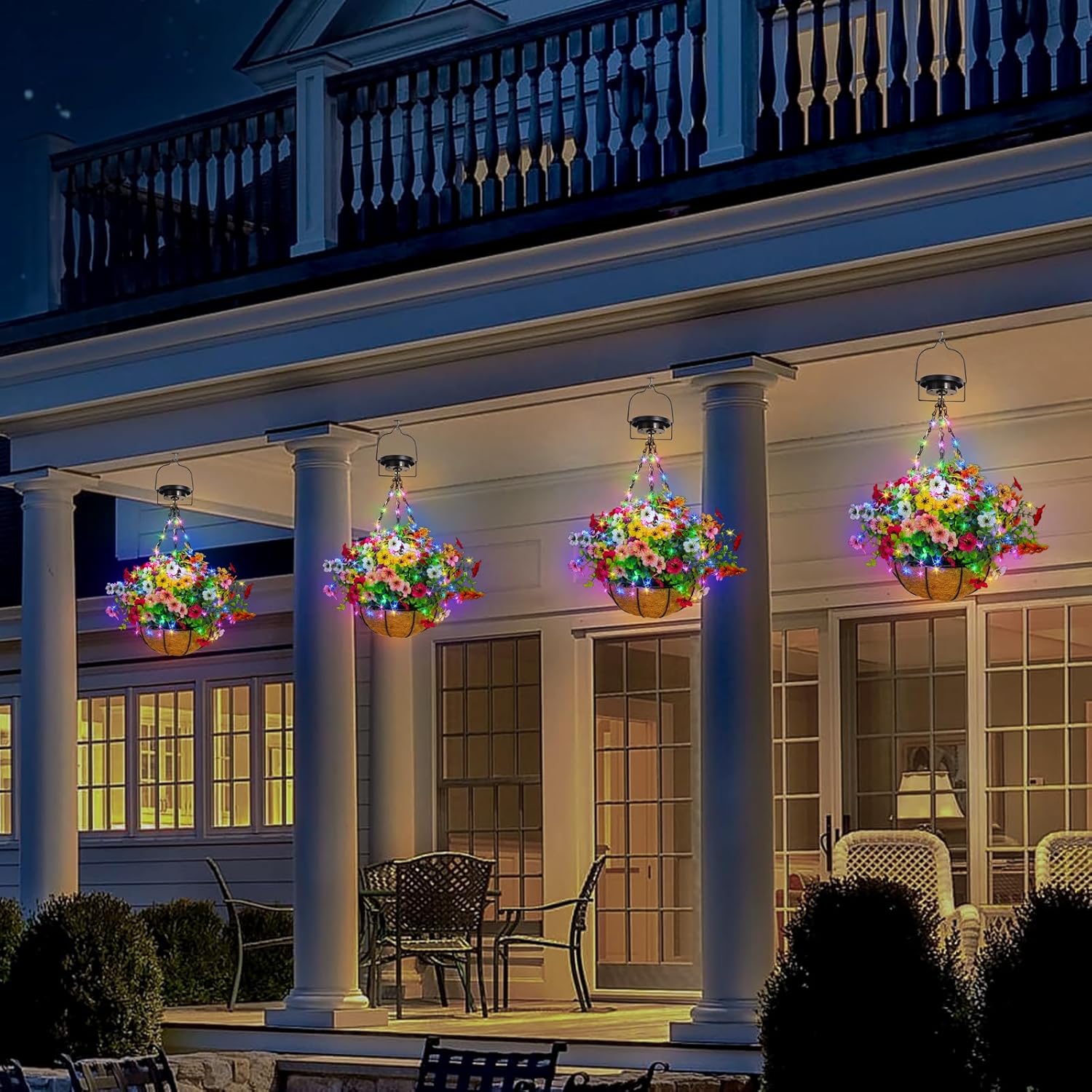 Solar Lighted Fake Flowers Basket for Outdoor Decor