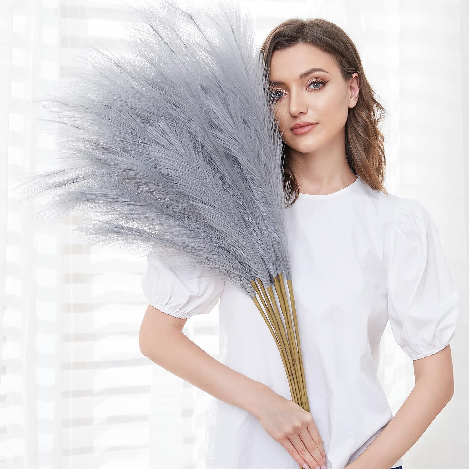 Faux Pampas Grass 9 Stem Set 37 Tall Grey