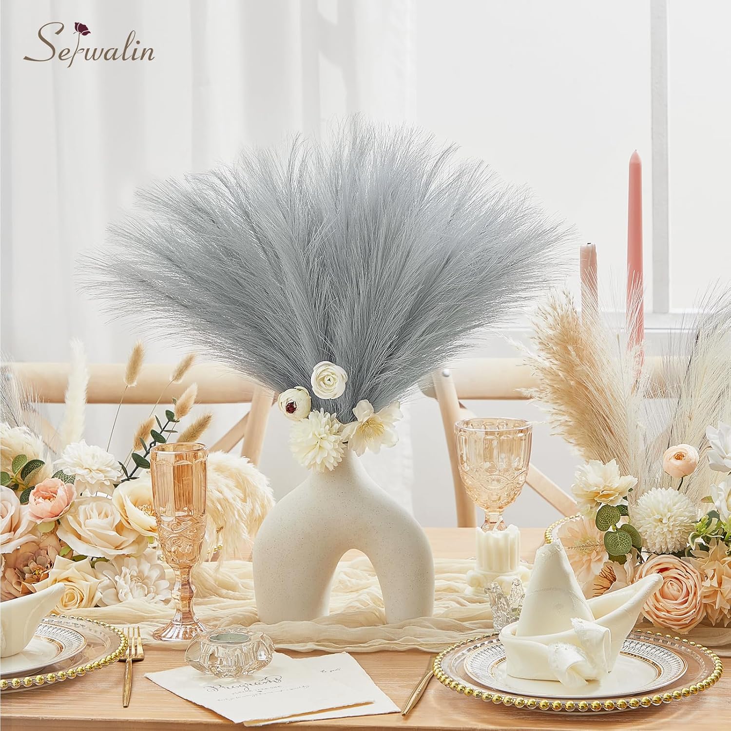 Serwalin Grey Pampas Grass Decor Centerpieces 6pcs