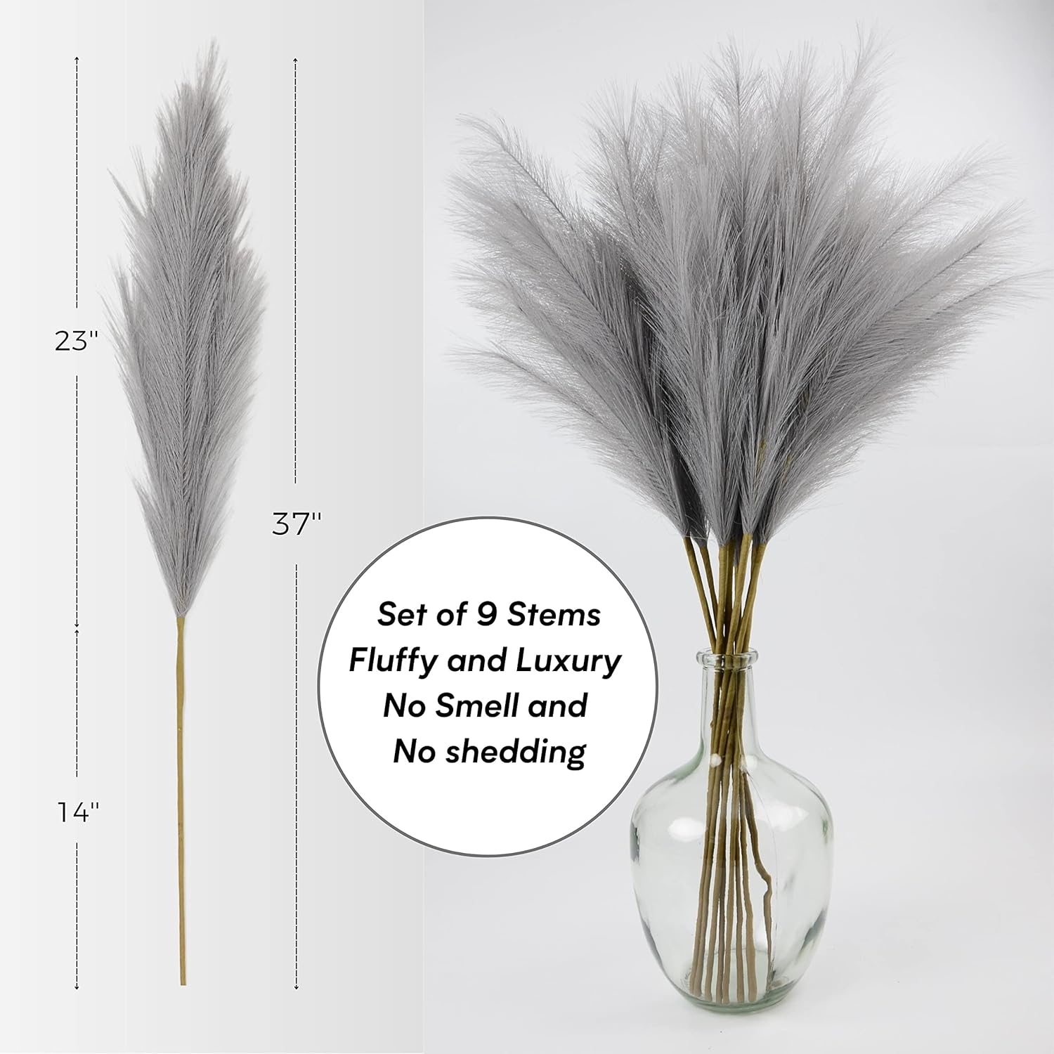 Faux Pampas Grass 9 Stem Set 37 Tall Grey