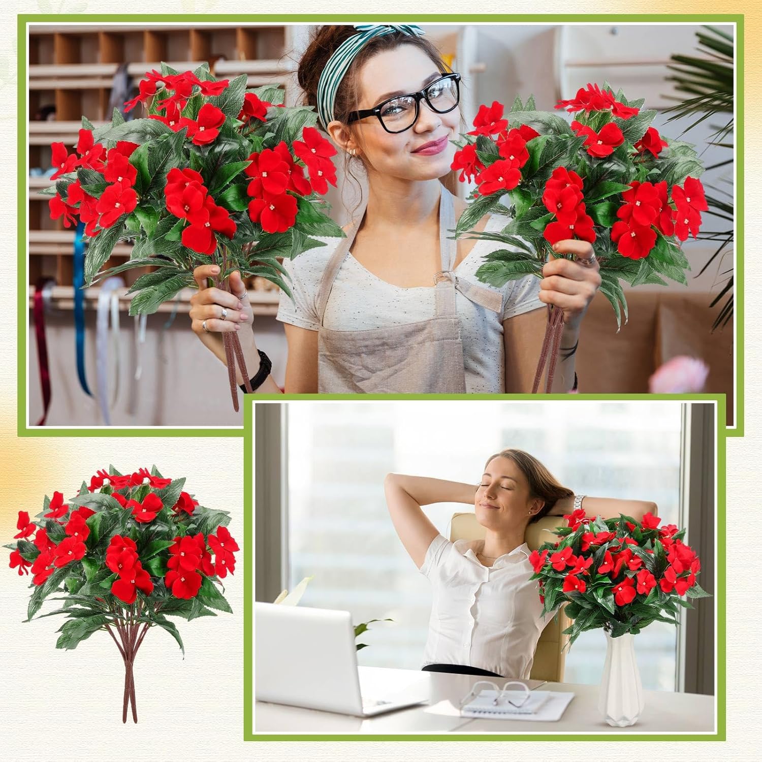10 Bundles Artificial Impatiens Flowers Red Bouquet