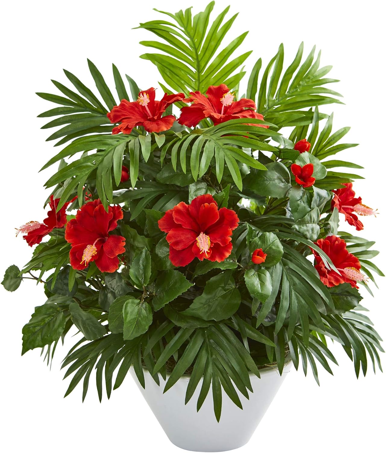 Nearly Natural Hibiscus and Areca Palm Artificial Plant in White Bowl 1