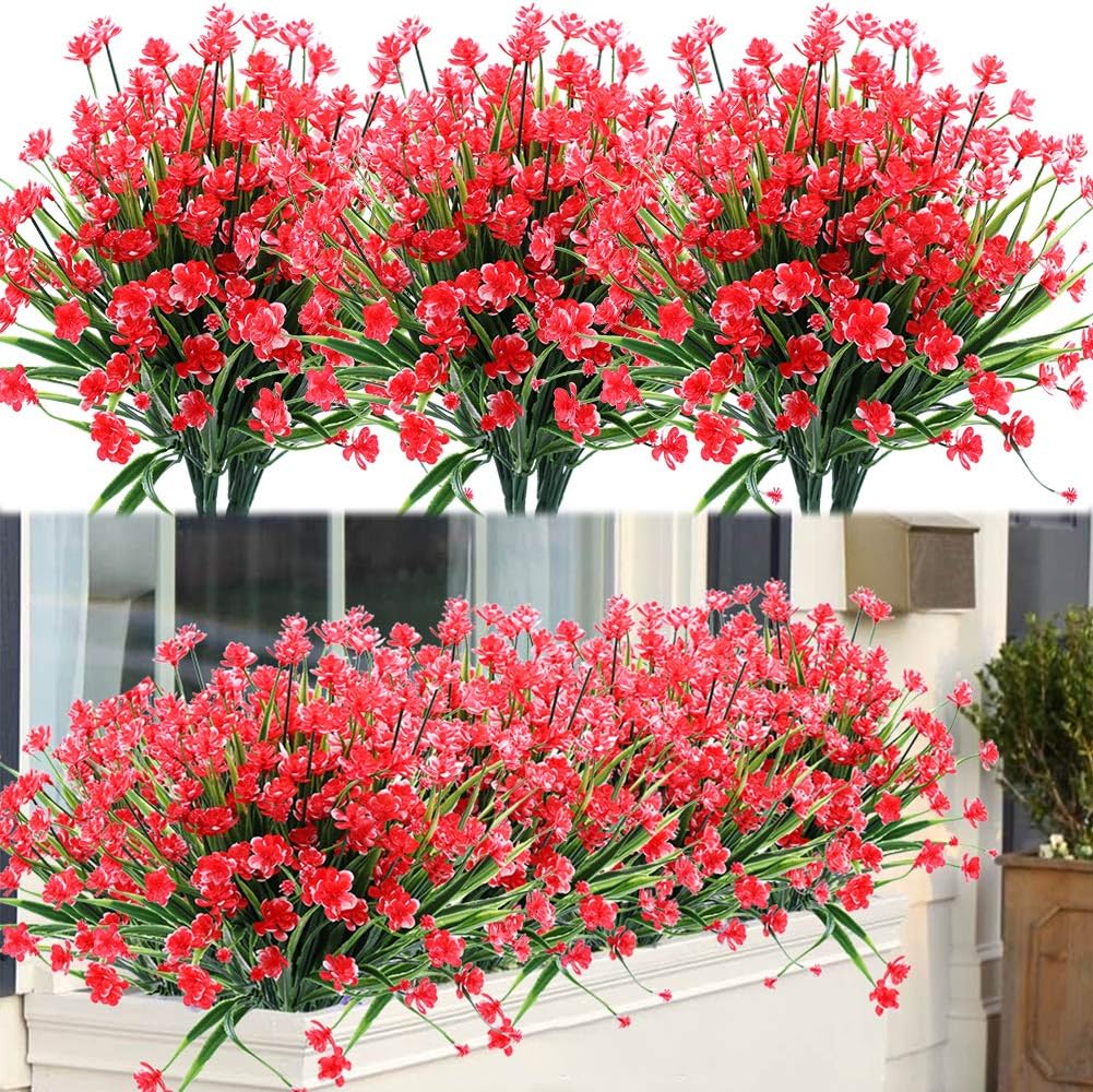 8 Bundles Artificial Fake Flowers UV Resistant Red
