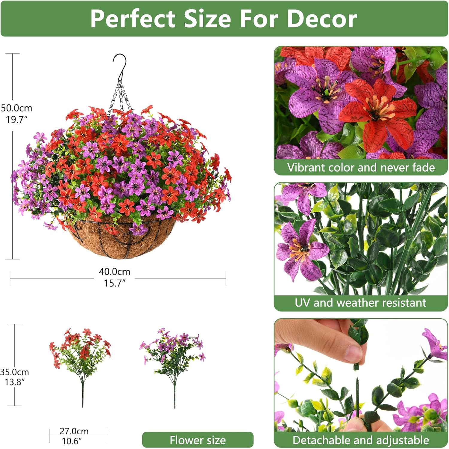 INQCMY Artificial Hanging Flowers Basket for Outdoor Decor