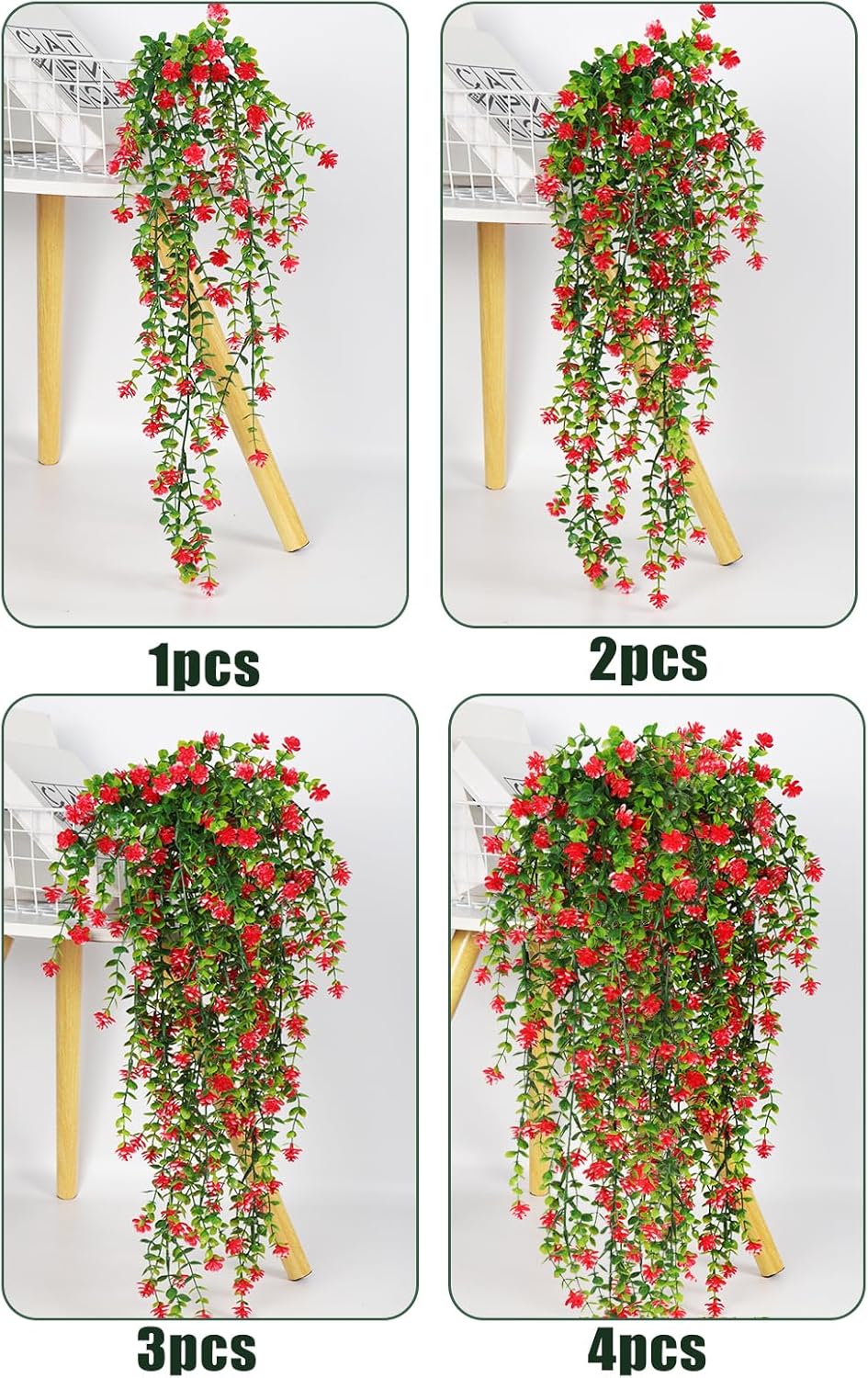 SJL Artificial Hanging Plants 4pcs Red Fake Fern Ivy Decor