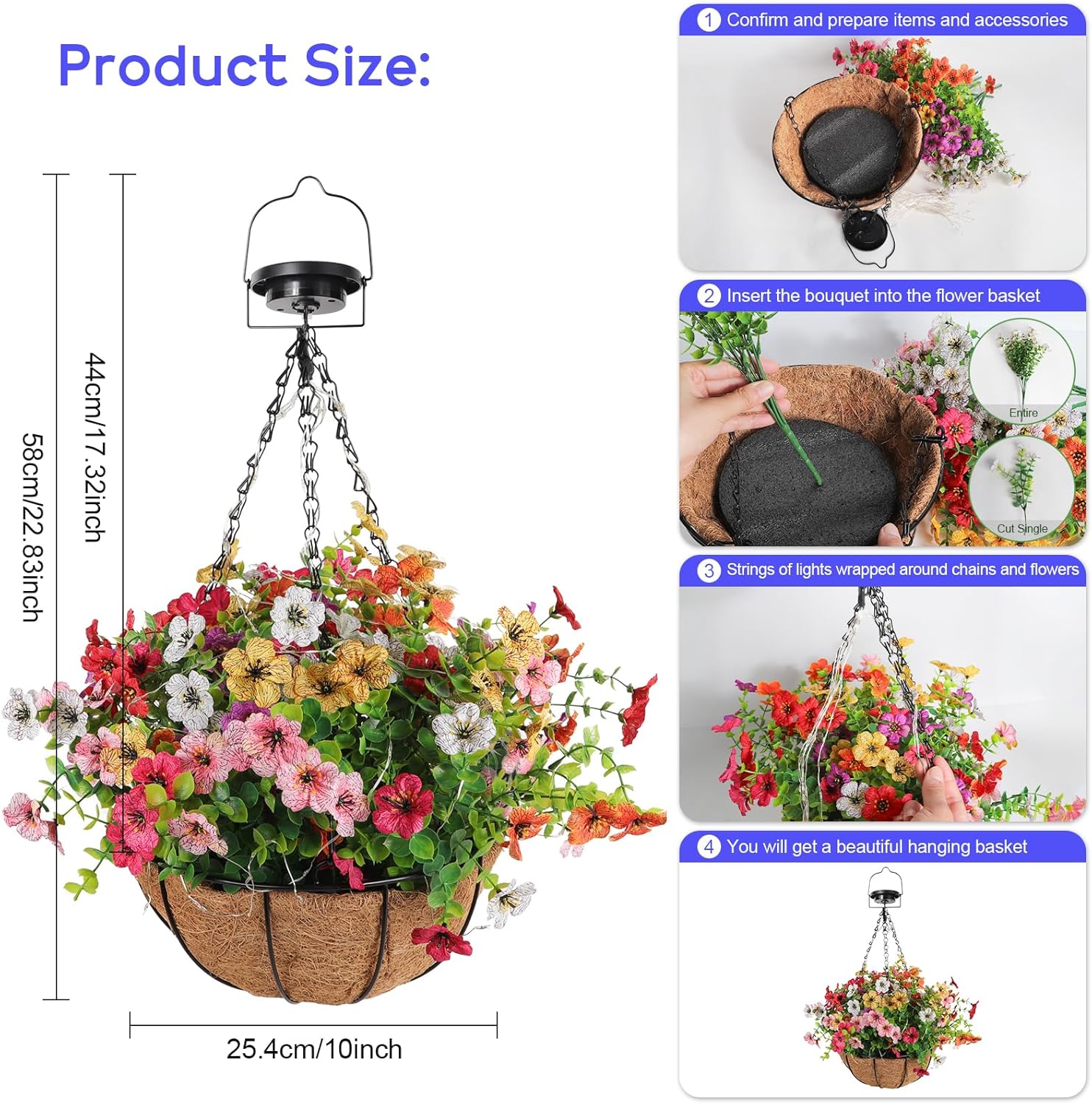 Solar Lighted Fake Flowers Basket for Outdoor Decor