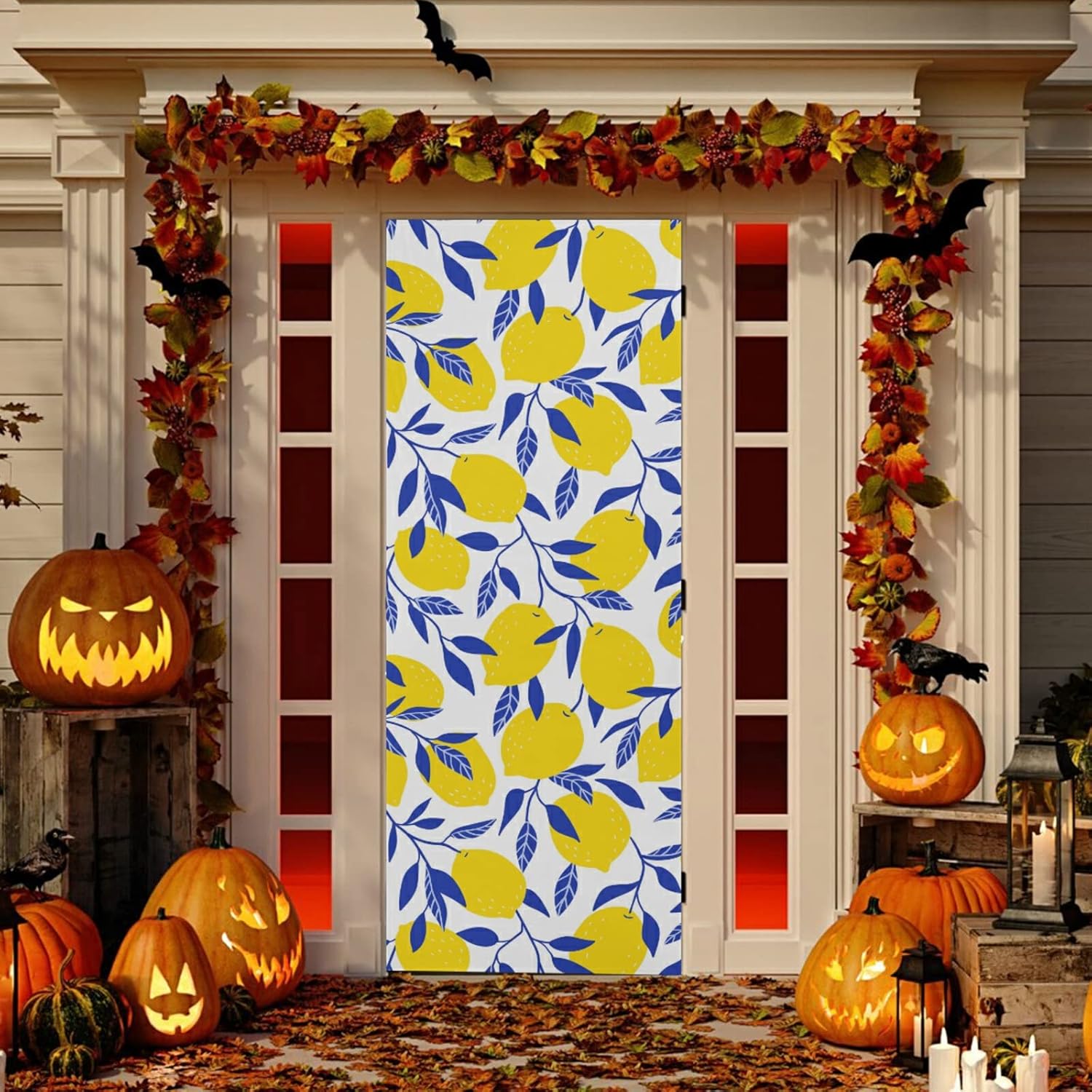 Poeticcity Tropical Yellow Lemons Blue Leaves Door Cover 36x98 Inches