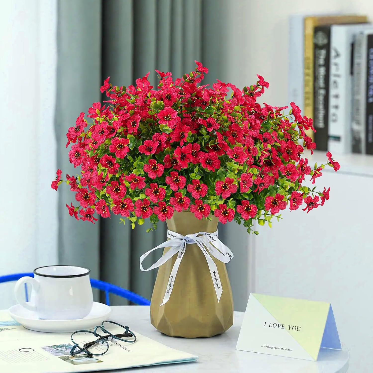 12 Bundle Artificial Flowers Outdoor UV Resistant Realistic Red
