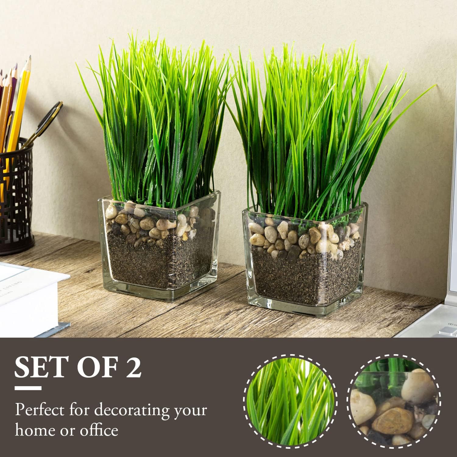 MyGift Artificial Grass Plants in Square Clear Glass Pots Set of 2