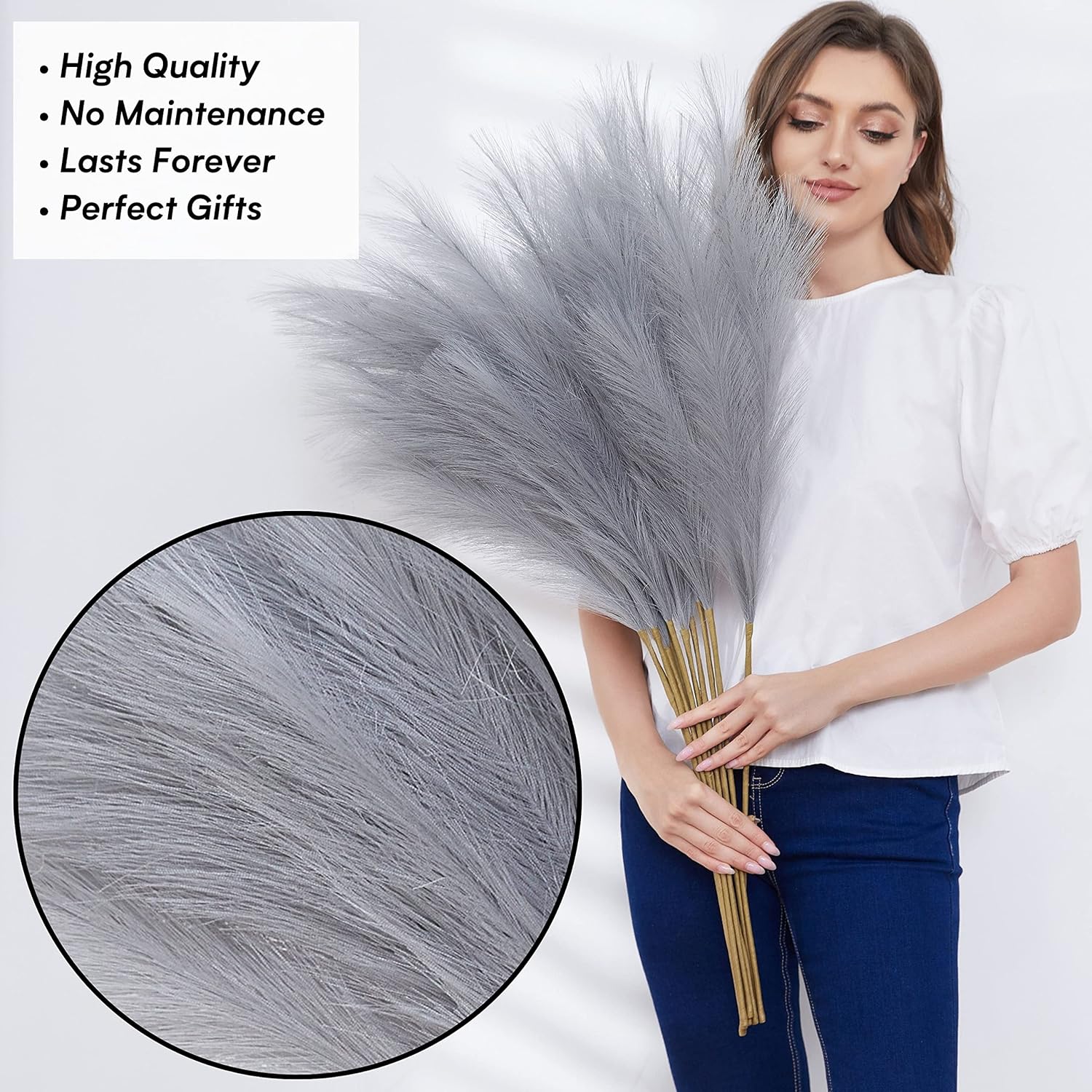 Faux Pampas Grass 9 Stem Set 37 Tall Grey