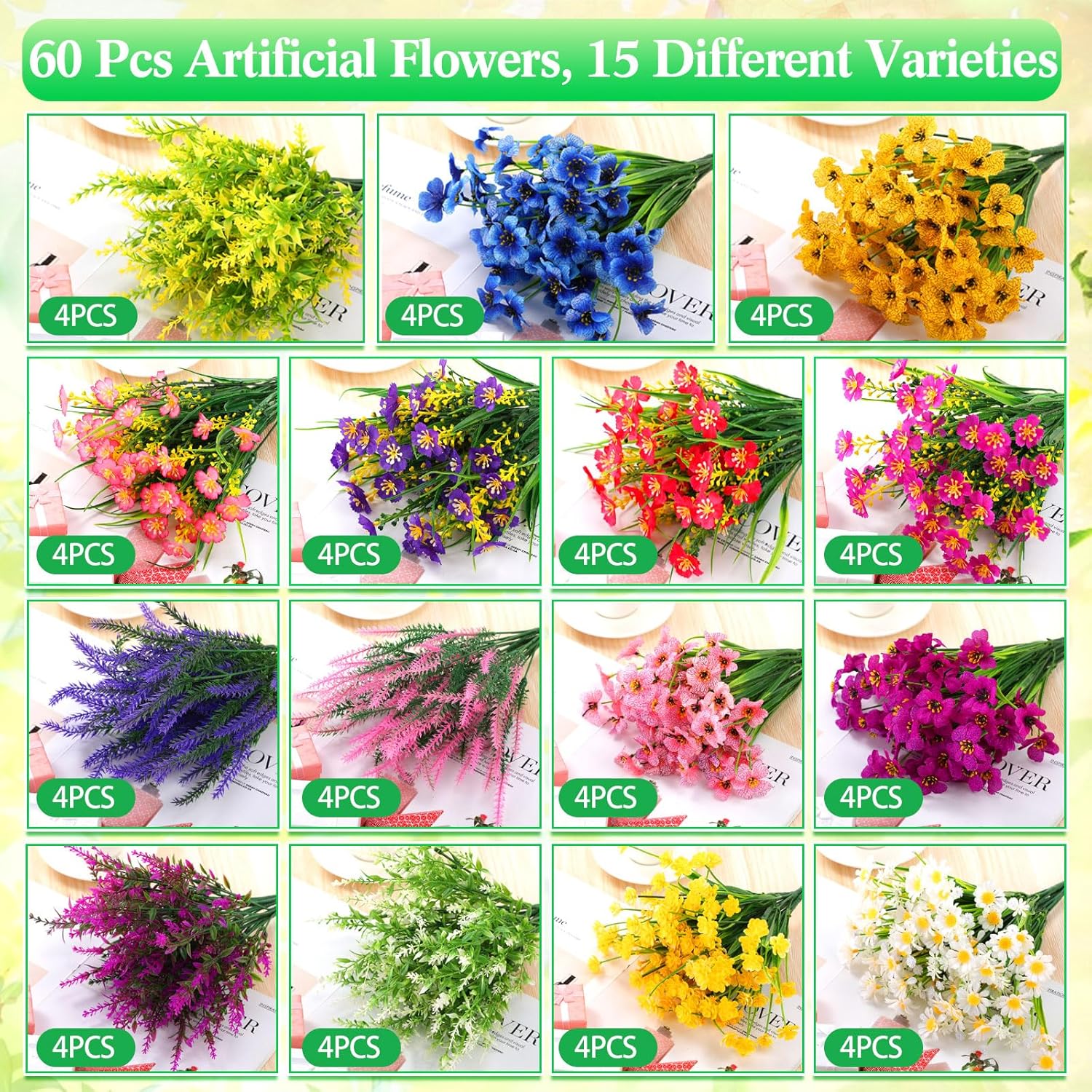 60 Bundles Artificial Flowers 15 Styles UV Resistant