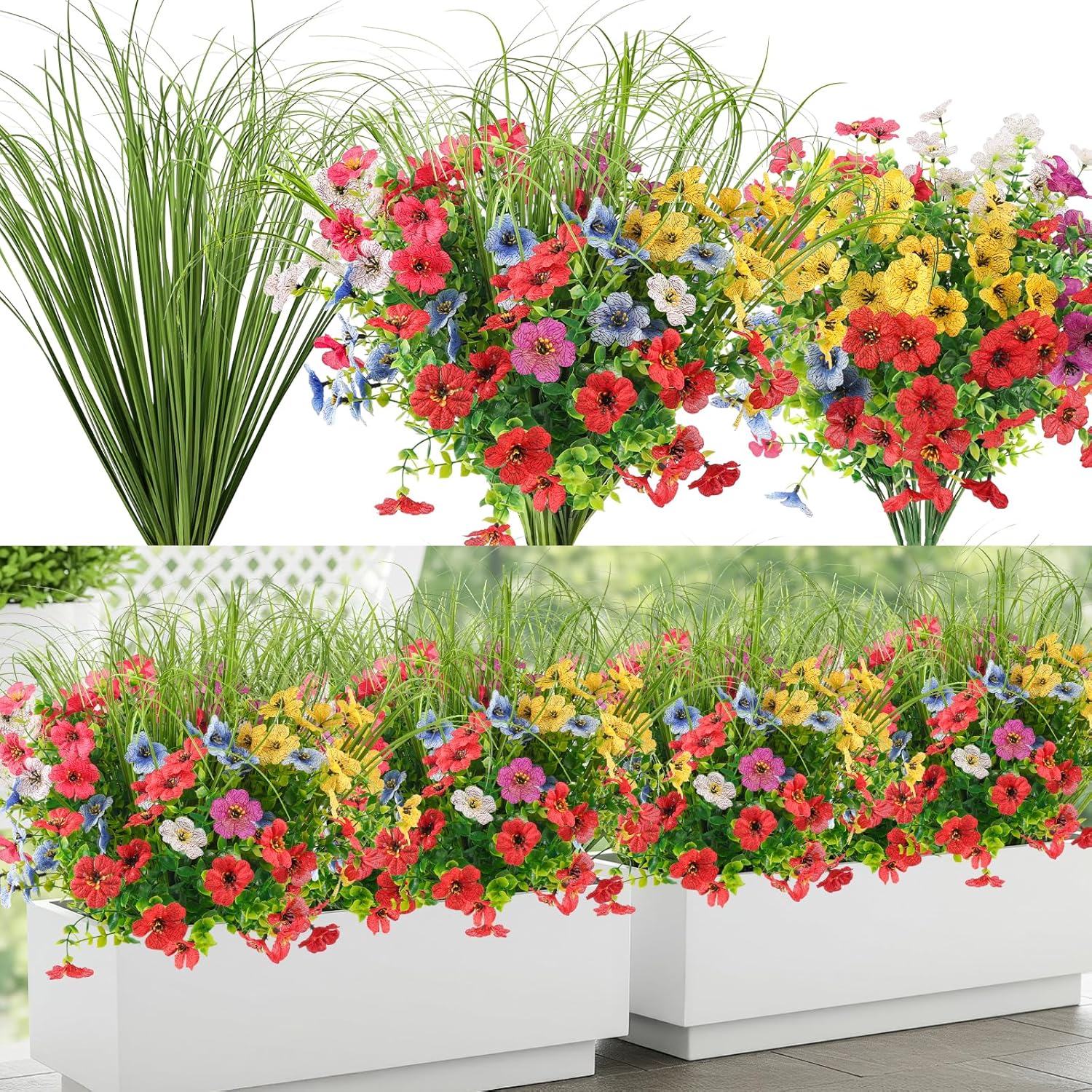 6PCS Artificial Flowers with Fake Grass Outdoor Decor Set