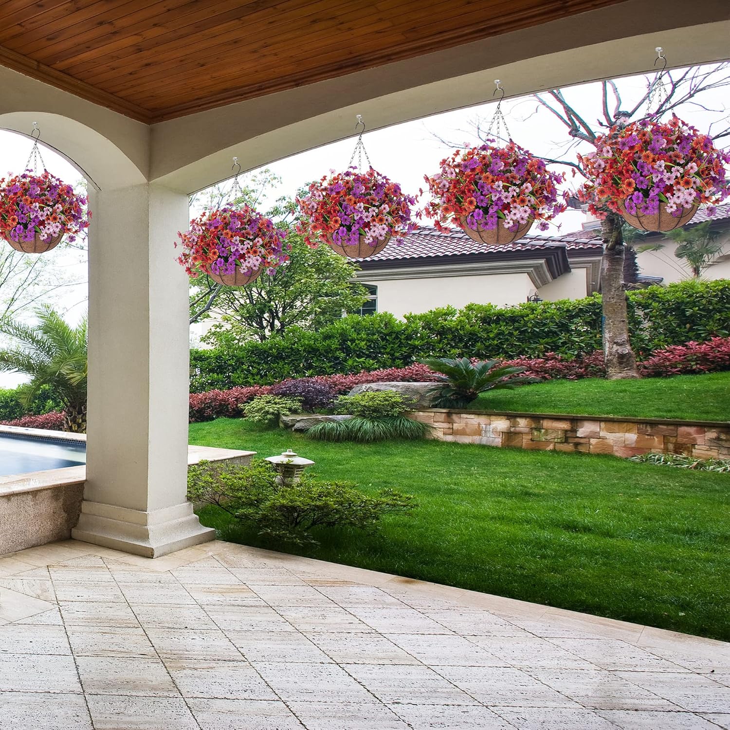 Artificial Hanging Flowers with Basket for Spring Garden Decor