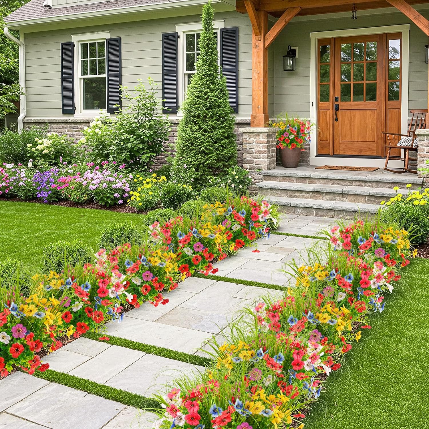 6PCS Artificial Flowers with Fake Grass Outdoor Decor Set