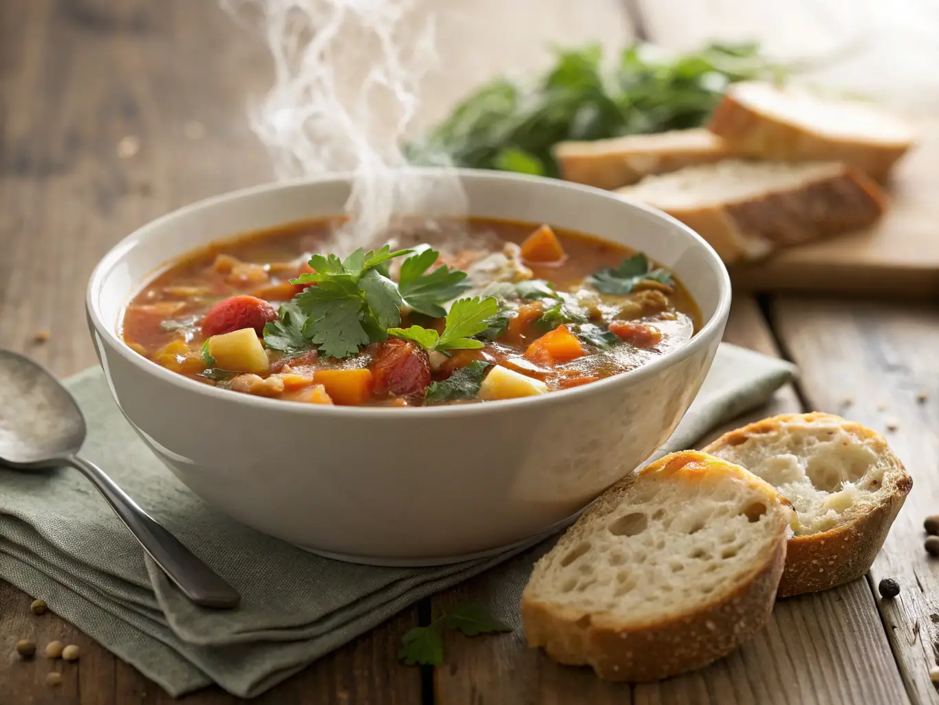 A steaming bowl of Minestrone Soup, filled with colorful vegetables and pasta, garnished with fresh basil, set against a rustic Italian countryside backdrop.