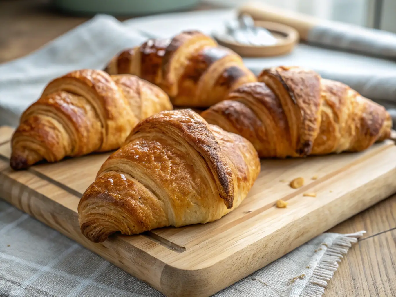 A close-up shot of a freshly baked Almond Croissant, showcasing its flaky layers and almond filling, set against a warm, inviting background.